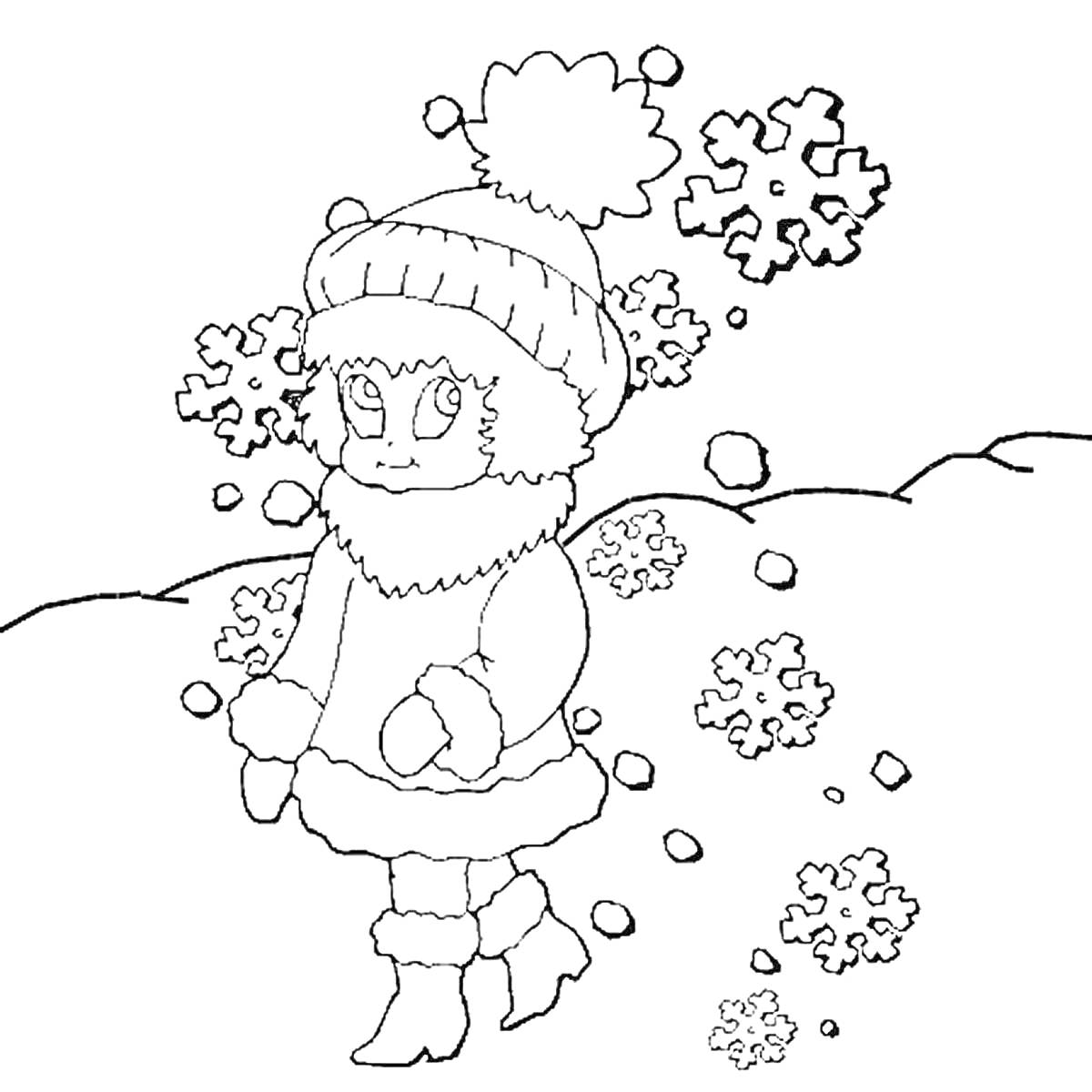 На раскраске изображено: Девочка, Зима, Снежинки, Снег, Сугробы, Зимняя одежда, Шапка с помпоном, Пальто, Рукавицы, Ботинки, Природа