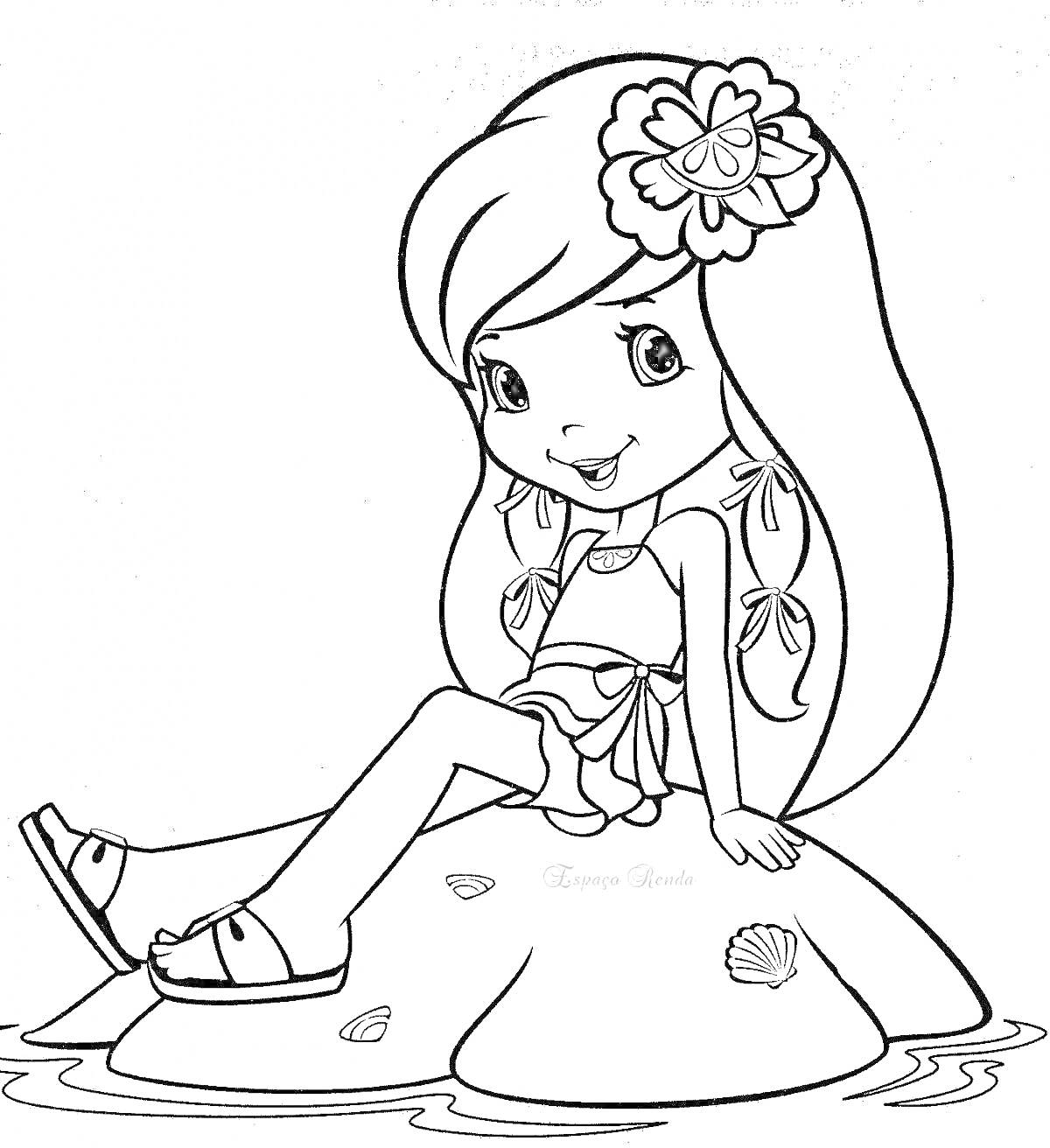 На раскраске изображено: Девочка, Листья, Волосы, Пляж, Обувь, Лето