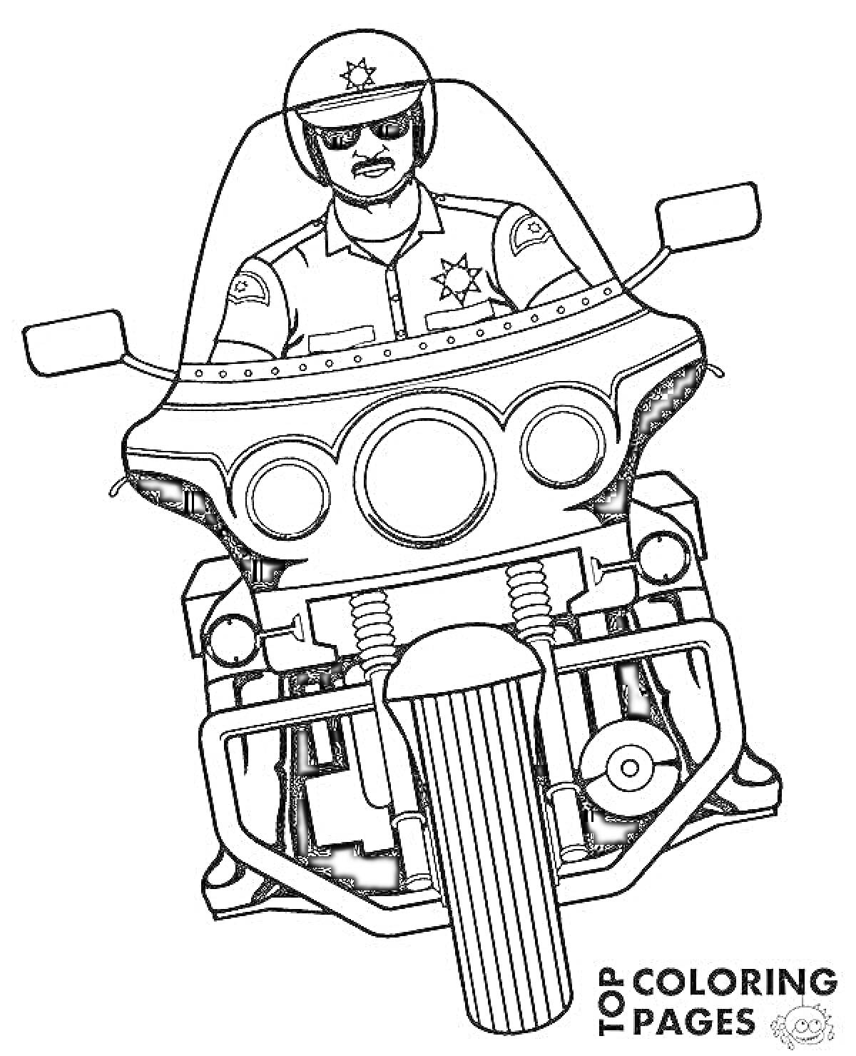 На раскраске изображено: Мотоцикл, Солнечные очки, Транспорт, Офицер, Патруль