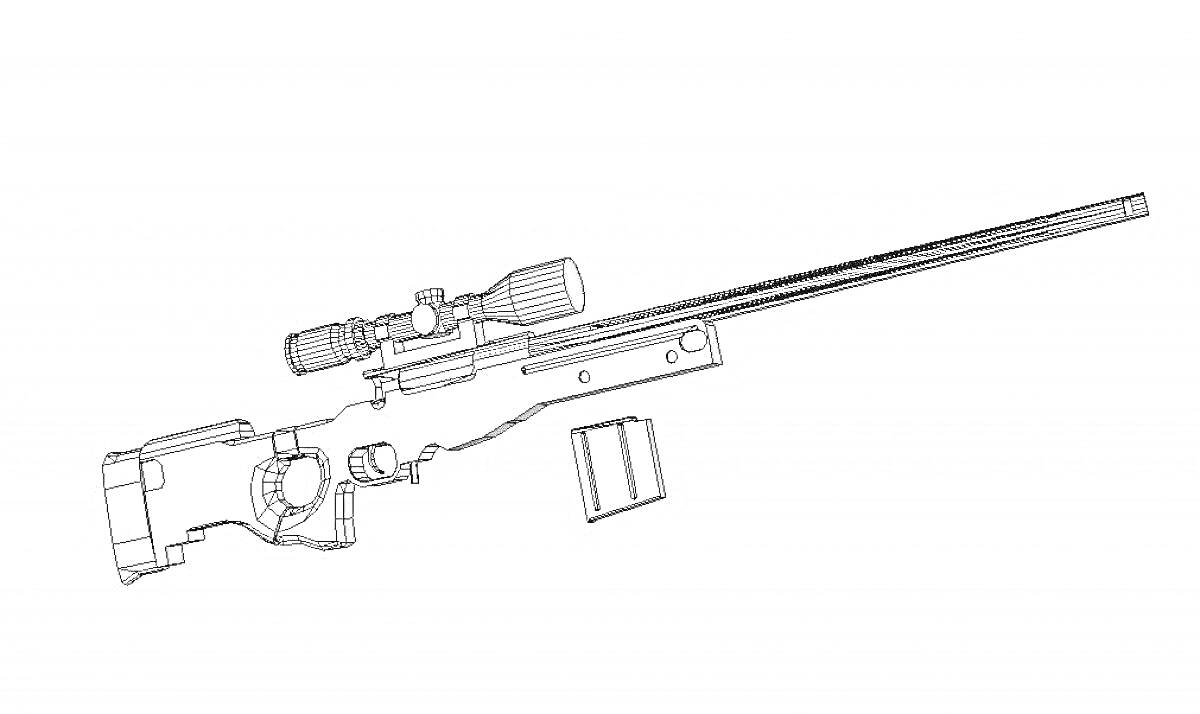 На раскраске изображено: Снайперская винтовка, Оптический прицел, Магазин, Оружие, Стрельба, Винтовка