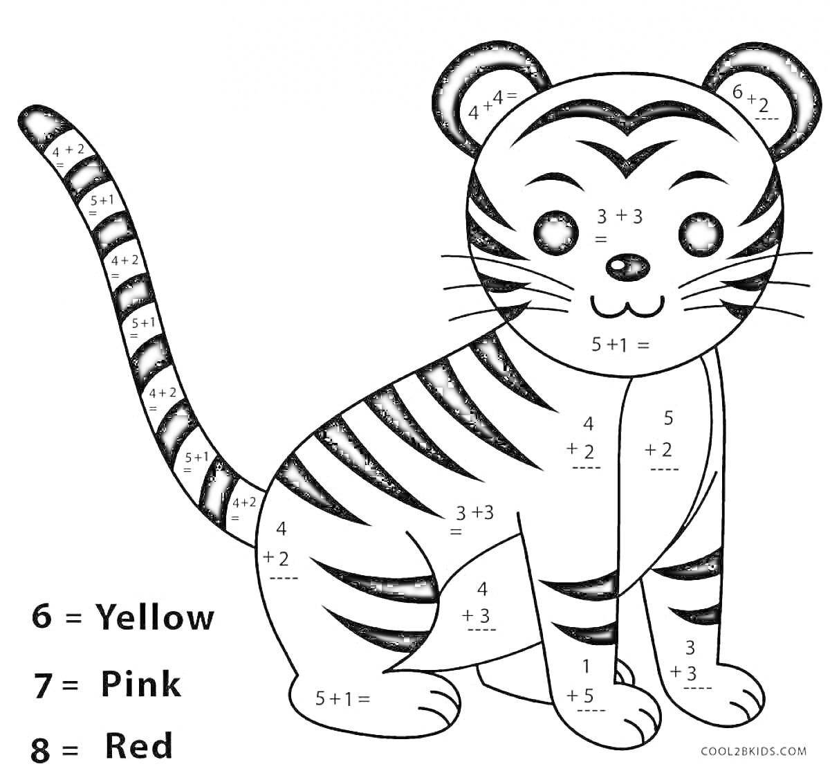 Раскраска Тигр с математическими примерами для раскрашивания