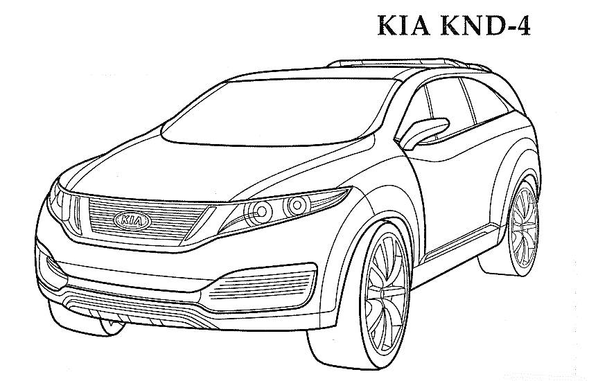 На раскраске изображено: Kia, Внедорожник, Большие колеса, Авто, Контурные рисунки