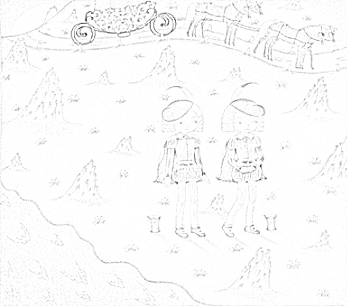 На раскраске изображено: Два человека, Карета, Горы, Поляна, Лошадь