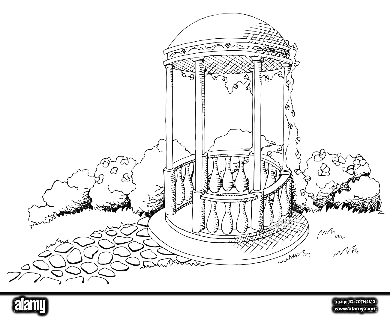 Раскраска Беседка с купольной крышей на фоне кустов и тропинки из камней