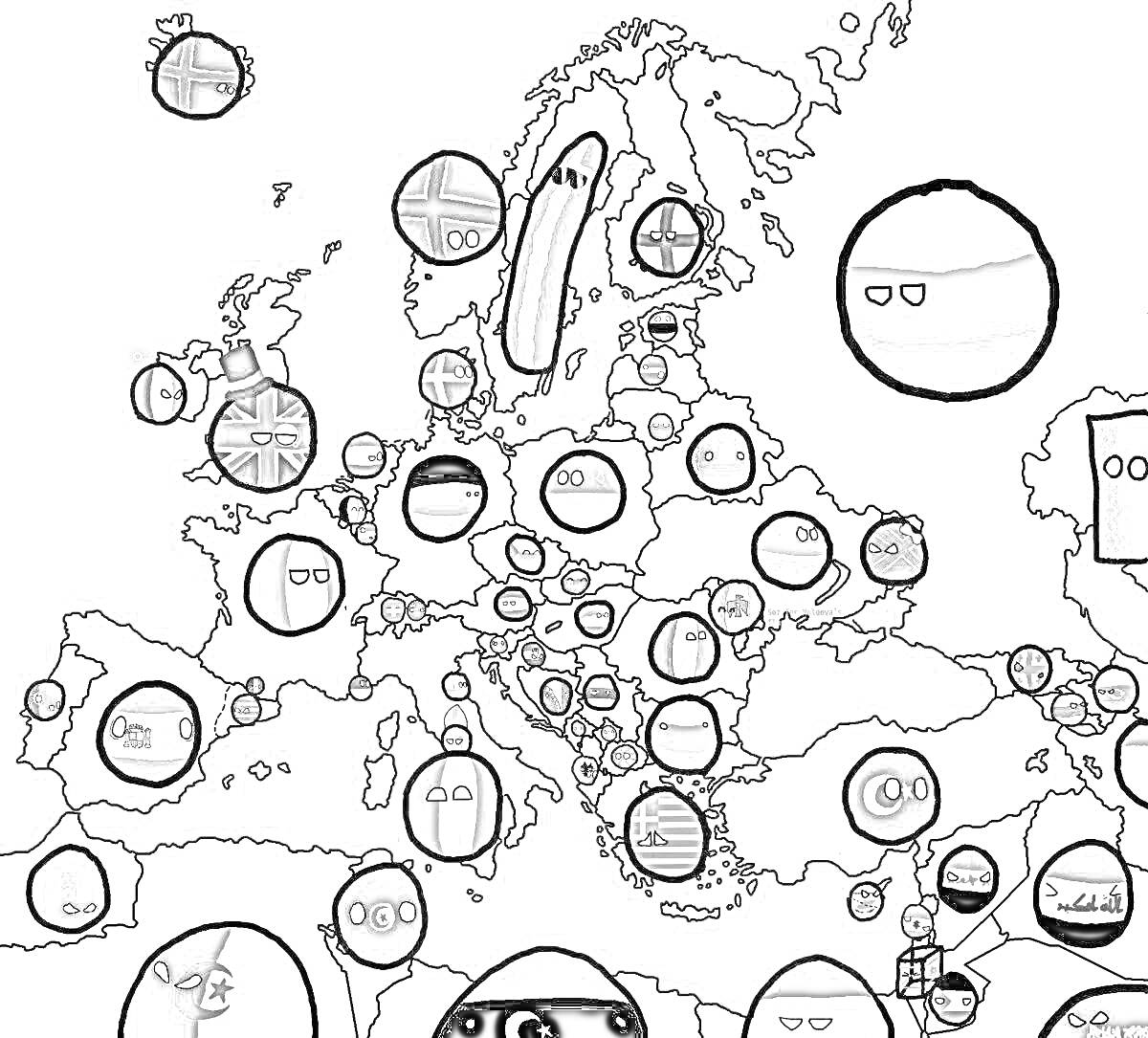 На раскраске изображено: Карта, Европа, Countryballs, Юмор, Политическая карта