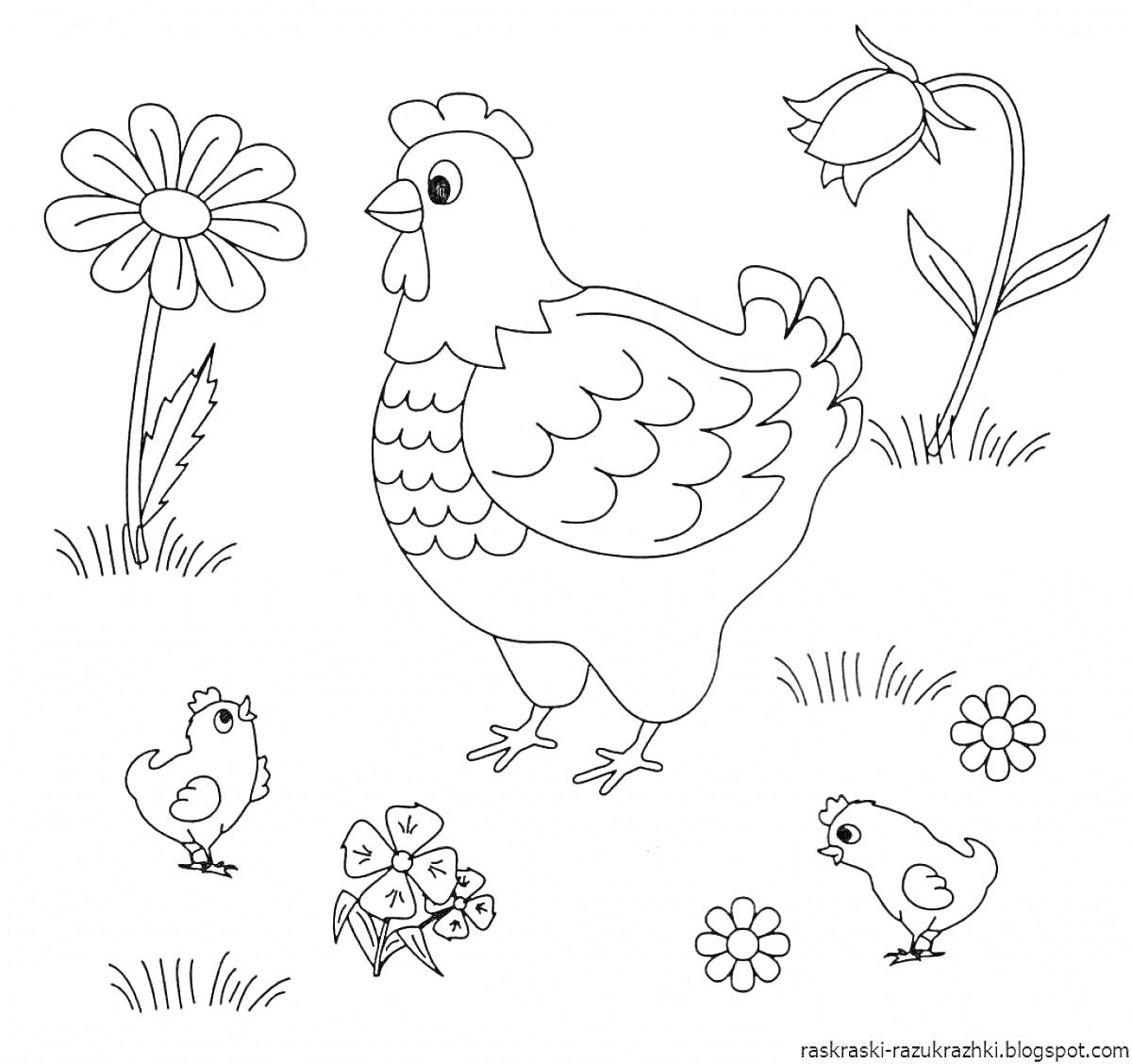 На раскраске изображено: Цыплята, Цветы, Домашние птицы, Для детей, Природа, Трава