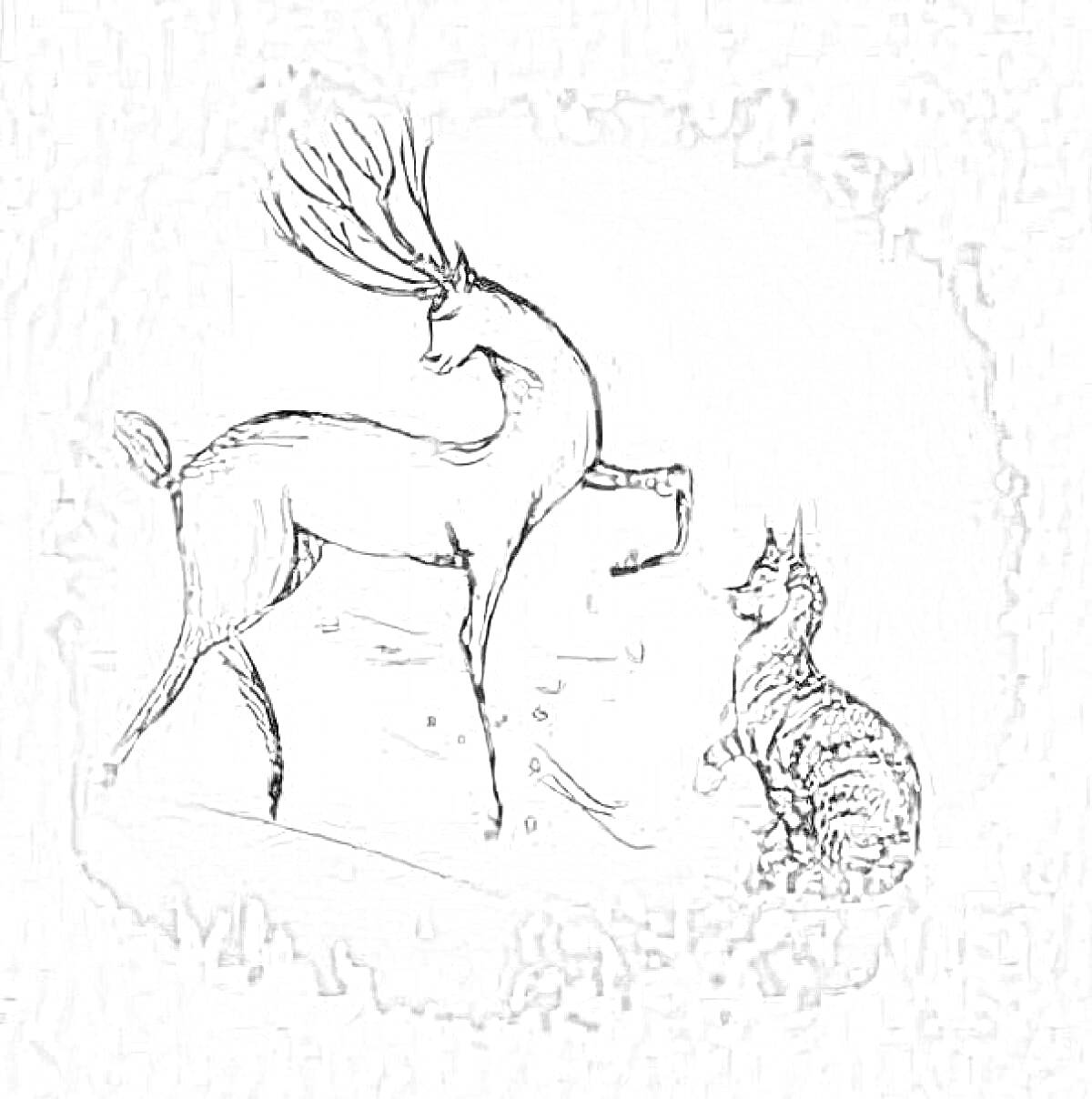 Раскраска Олень с серебряным копытцем и кот в зимнем лесу