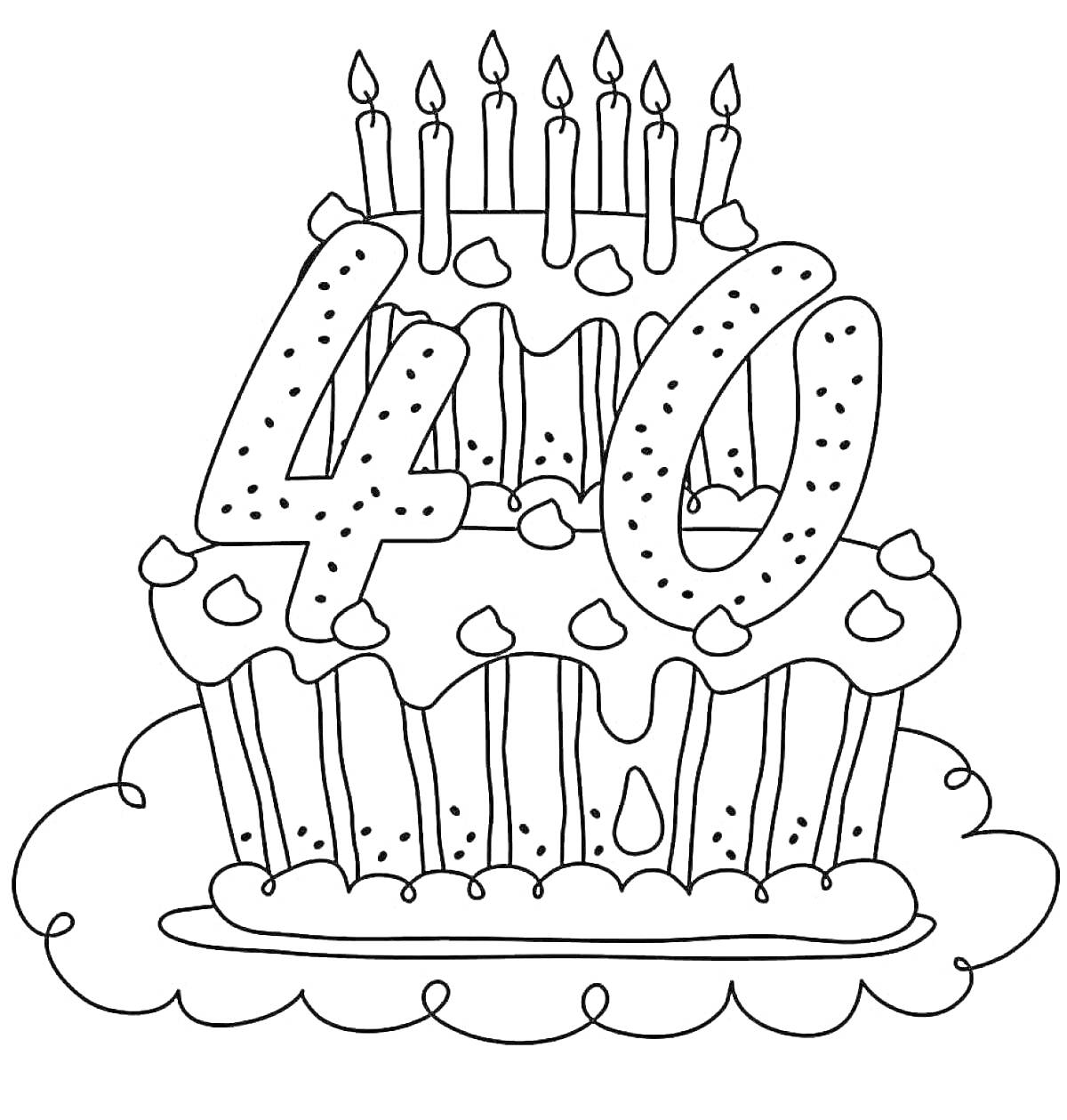 На раскраске изображено: Торт, День рождения, Свечи, Цифры, Сладости, Десерты, Кондитерские изделия, Праздники