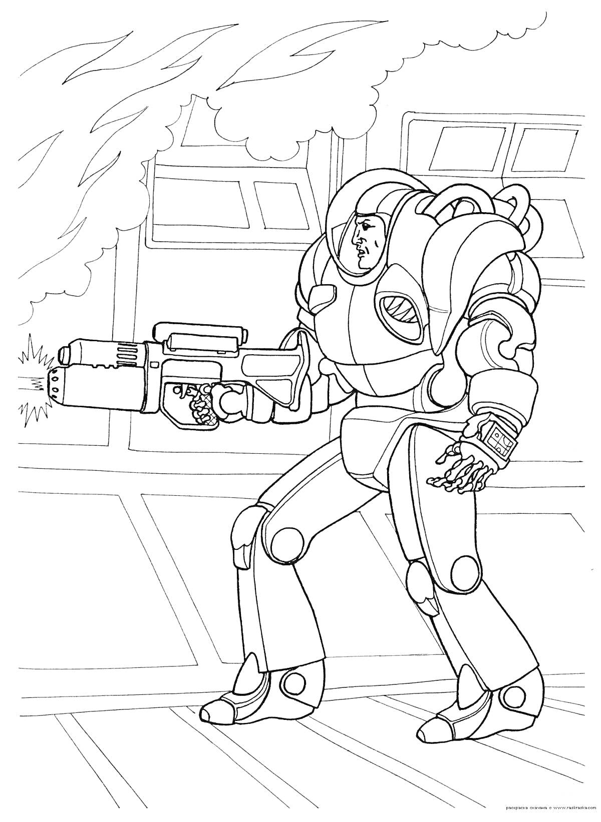 Раскраска Робот-пожарный на фоне здания, стреляющий струей воды в огонь