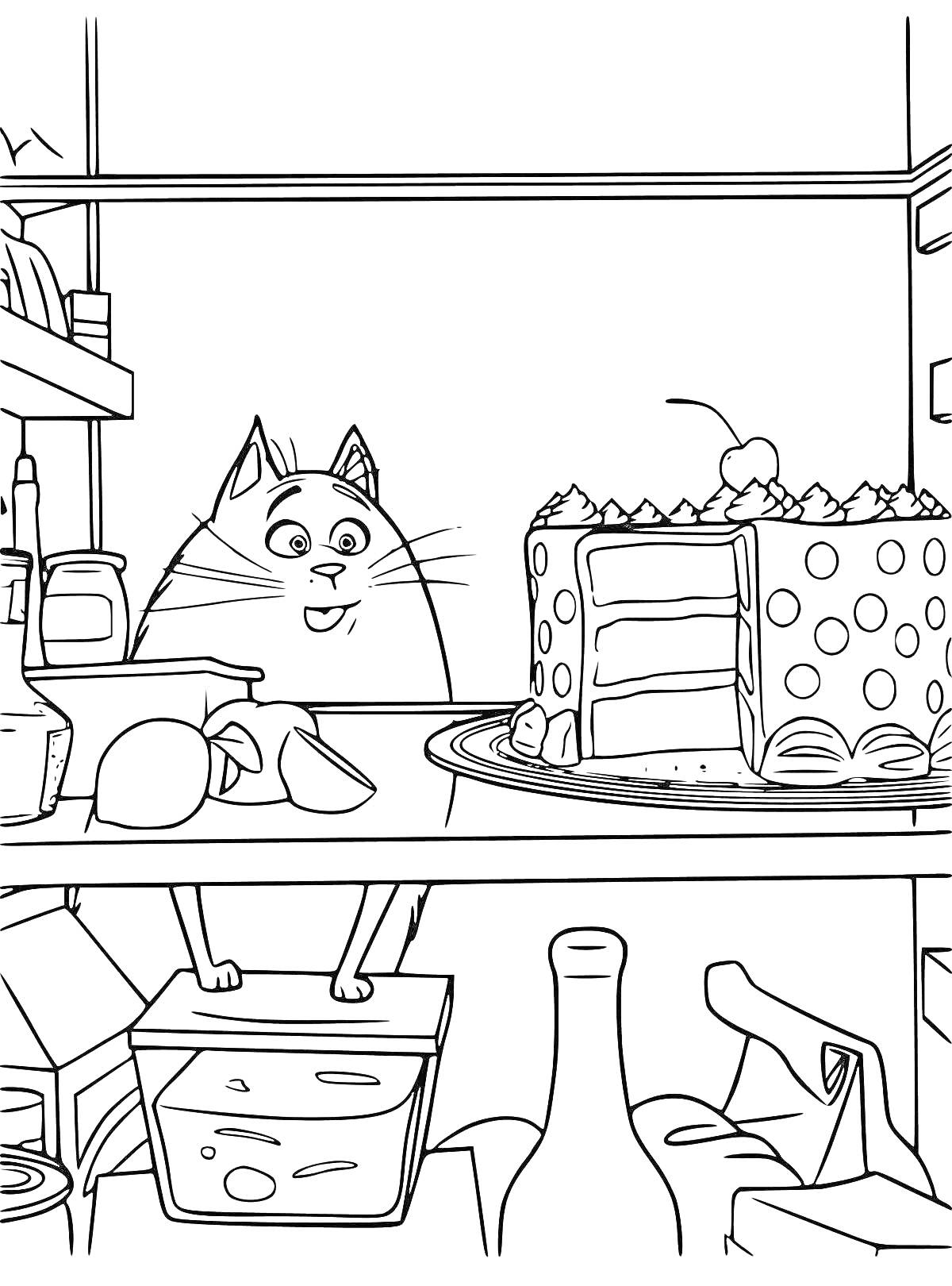 На раскраске изображено: Кот, Холодильник, Торт, Продукты, Кухня, Полки, Посуда, Еда, Банка, Бутылка