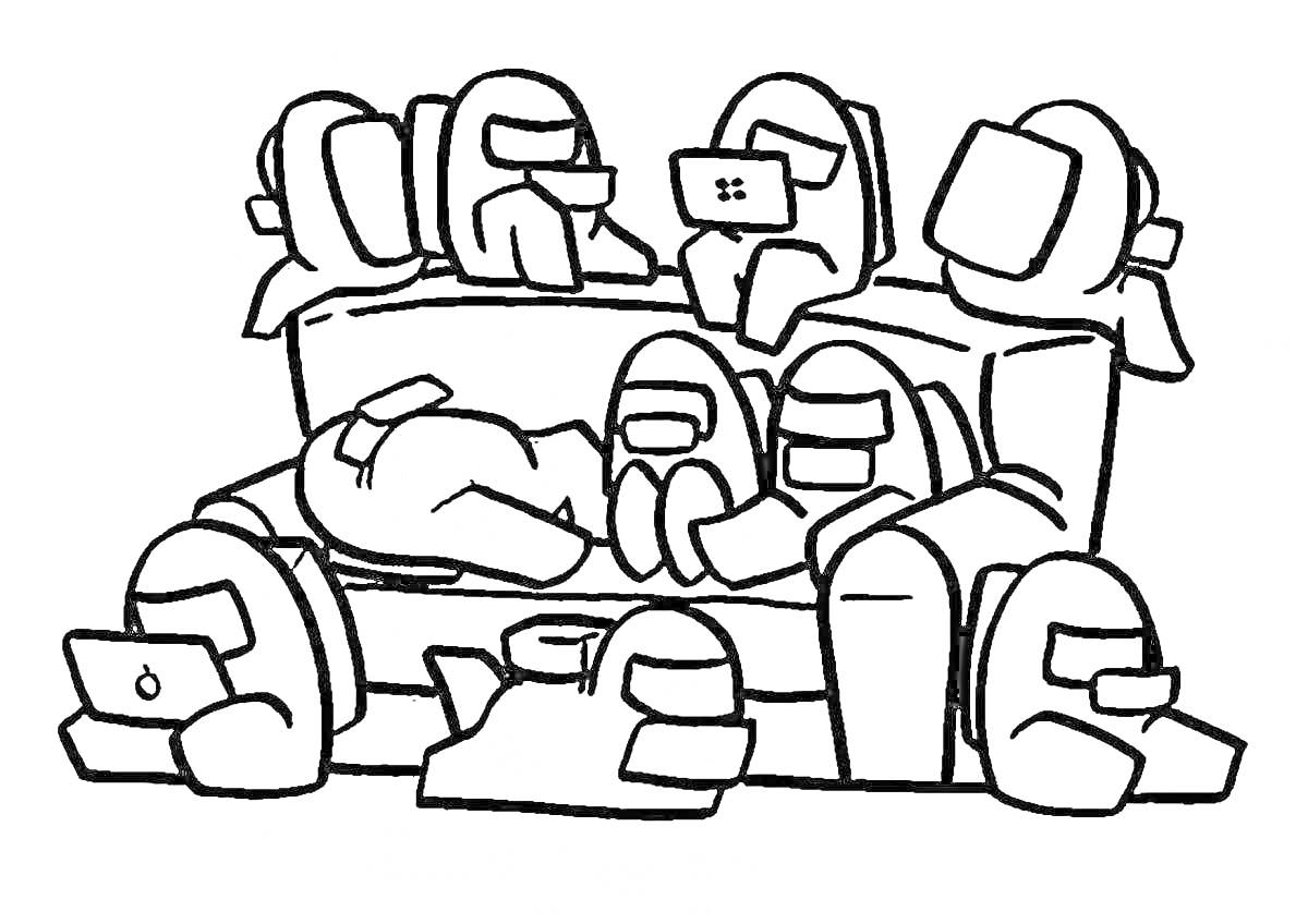 Раскраска Crewmates Among Us на диване с гаджетами