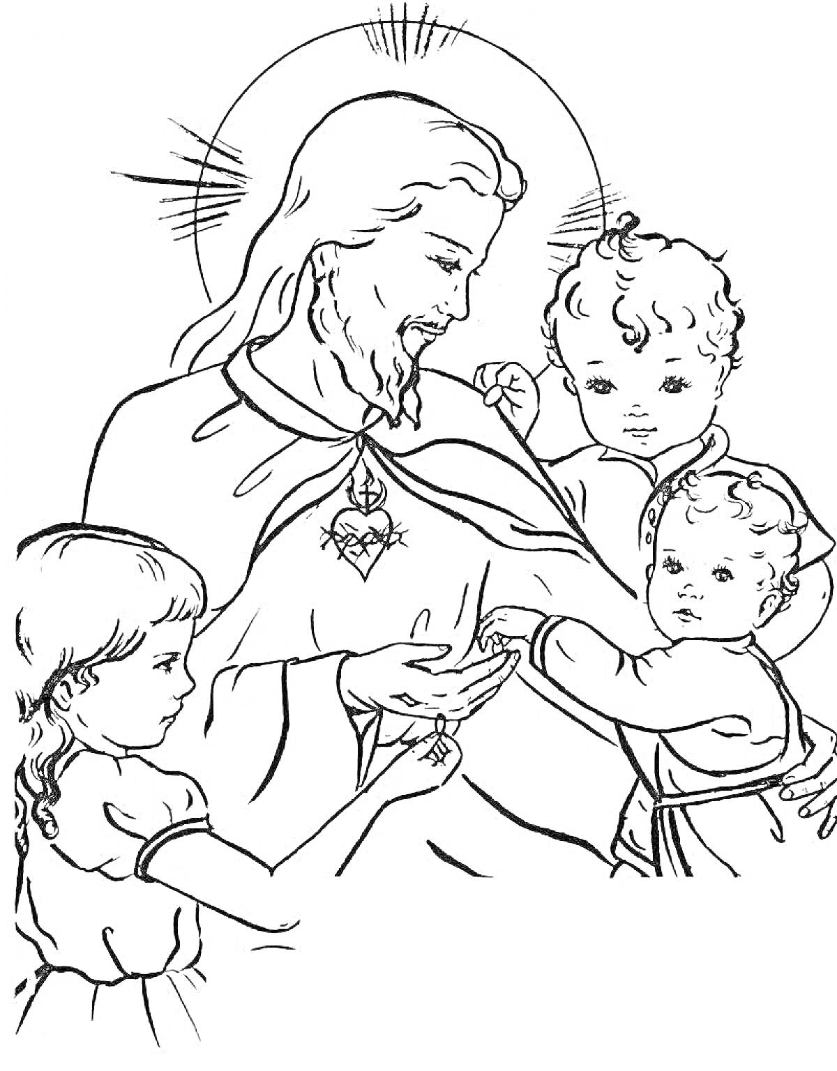Раскраска Иисус с тремя детьми, наставляющий и благословляющий их, с ореолом на голове и сердцем на груди
