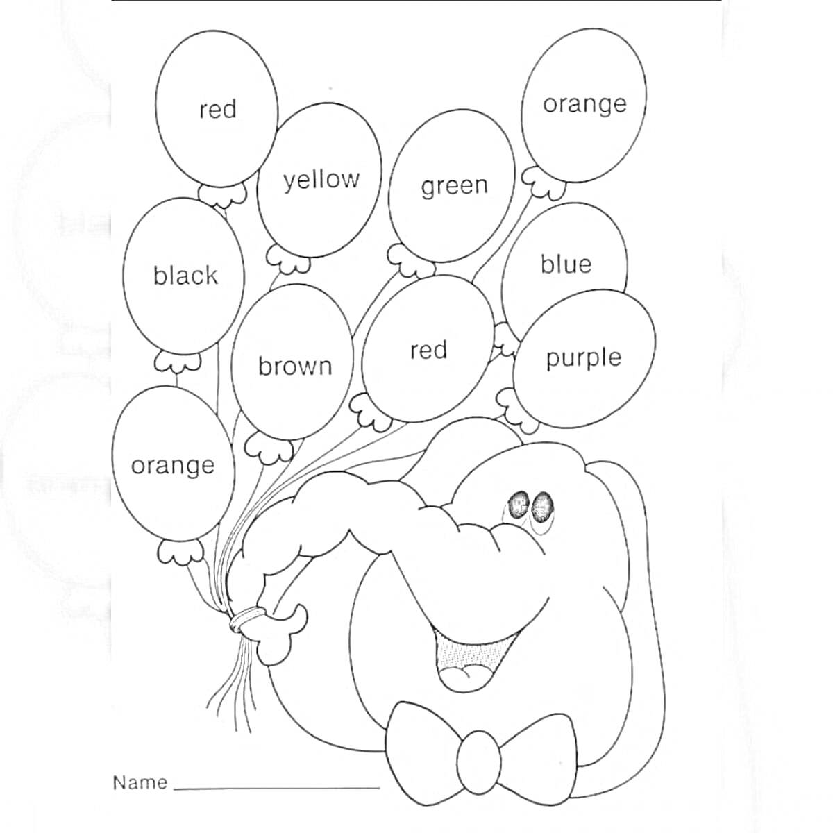 Раскраска Слон с шарами разных цветов с подписями по-английски для раскрашивания