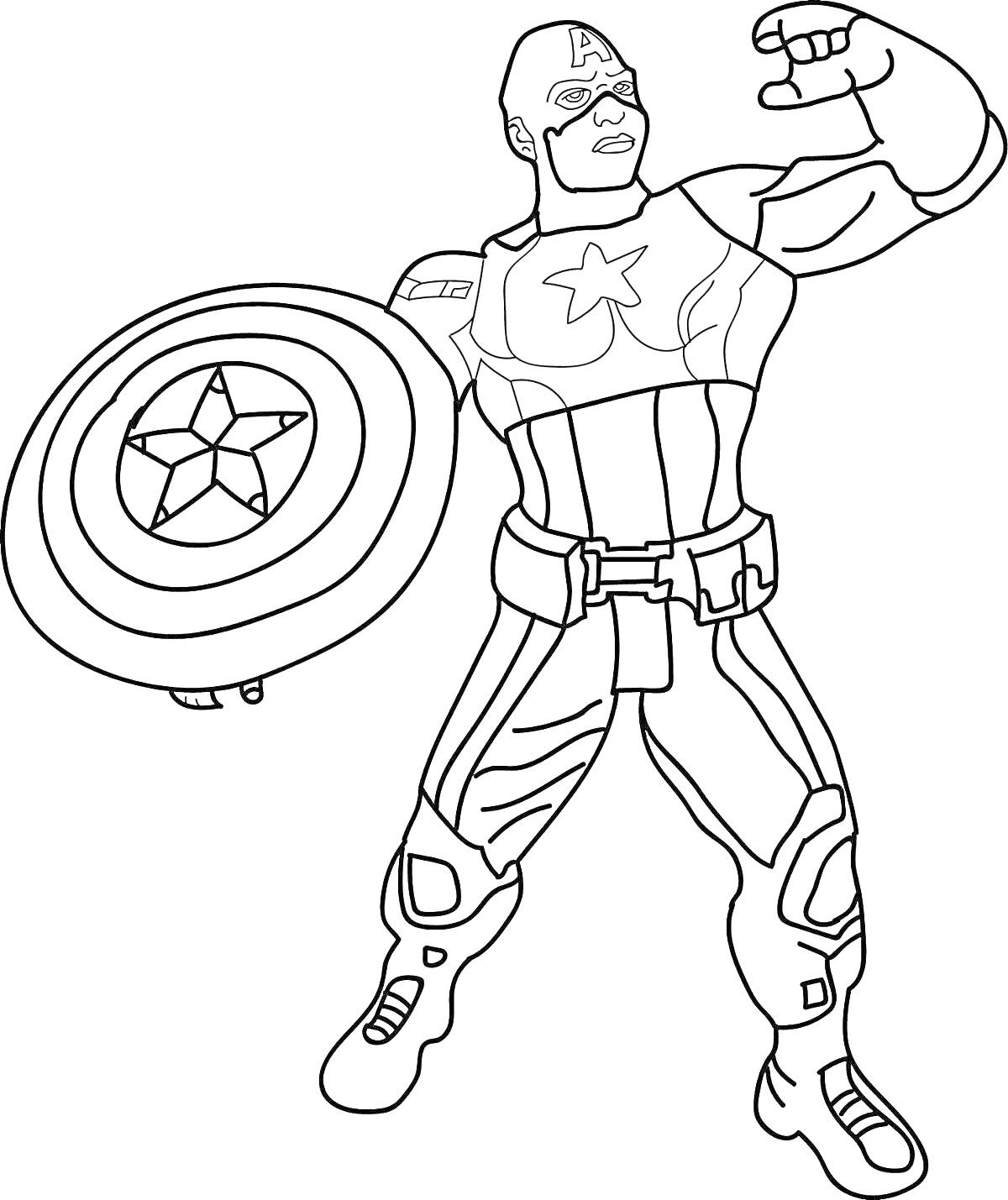 Раскраска Капитан Америка со щитом и поднятой рукой в боевой позе