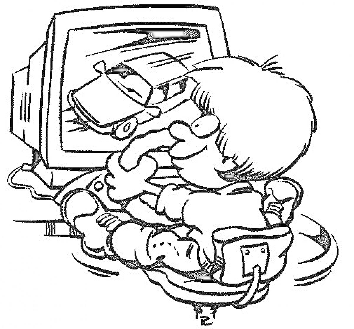 На раскраске изображено: Компьютерные игры, Ребенок, Видеоигра, Компьютер, Монитор, Руль, Геймплей, Компьютерная игра
