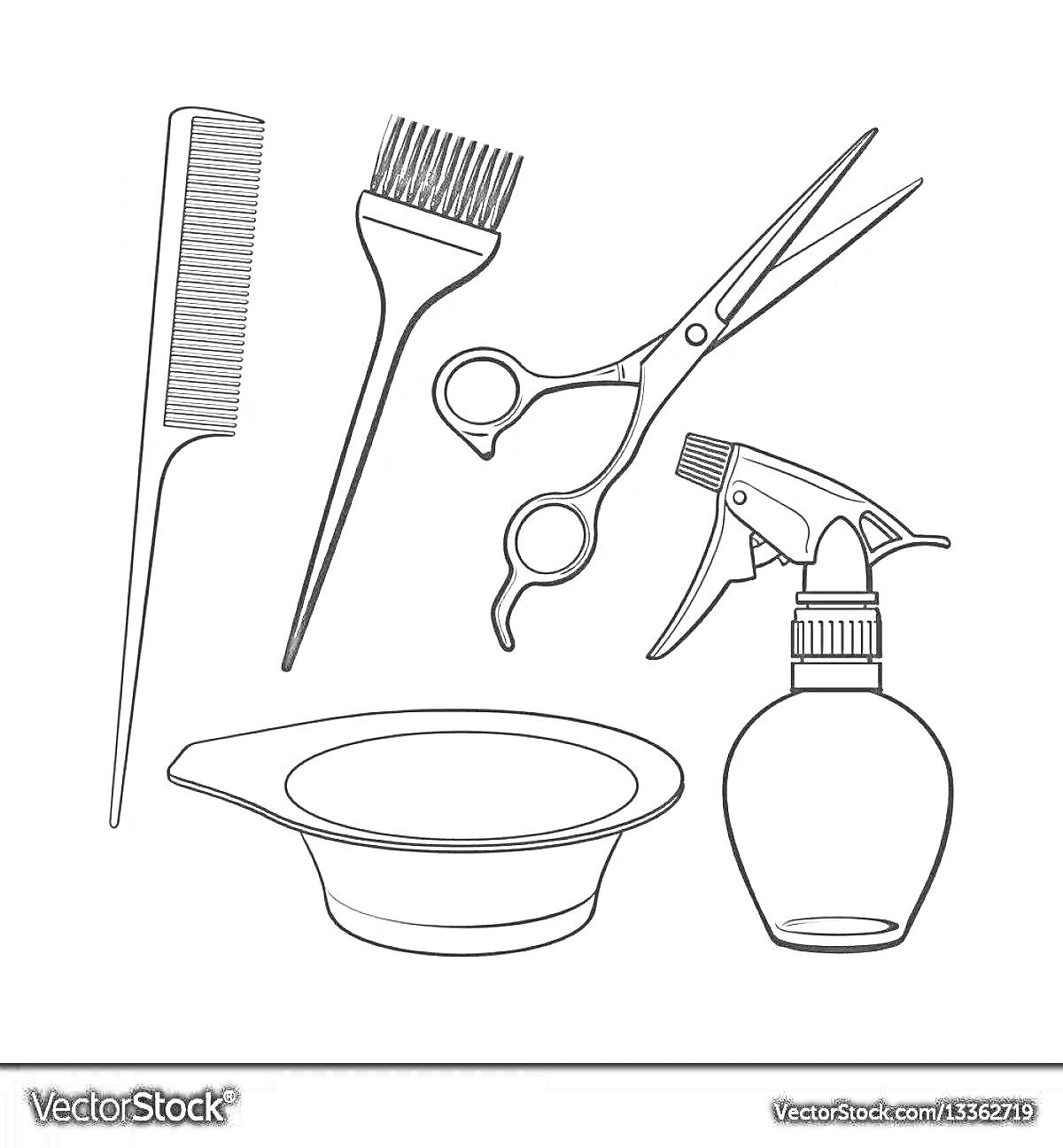 Раскраска Гребень, кисточка для окрашивания волос, ножницы, распылитель, миска для окрашивания