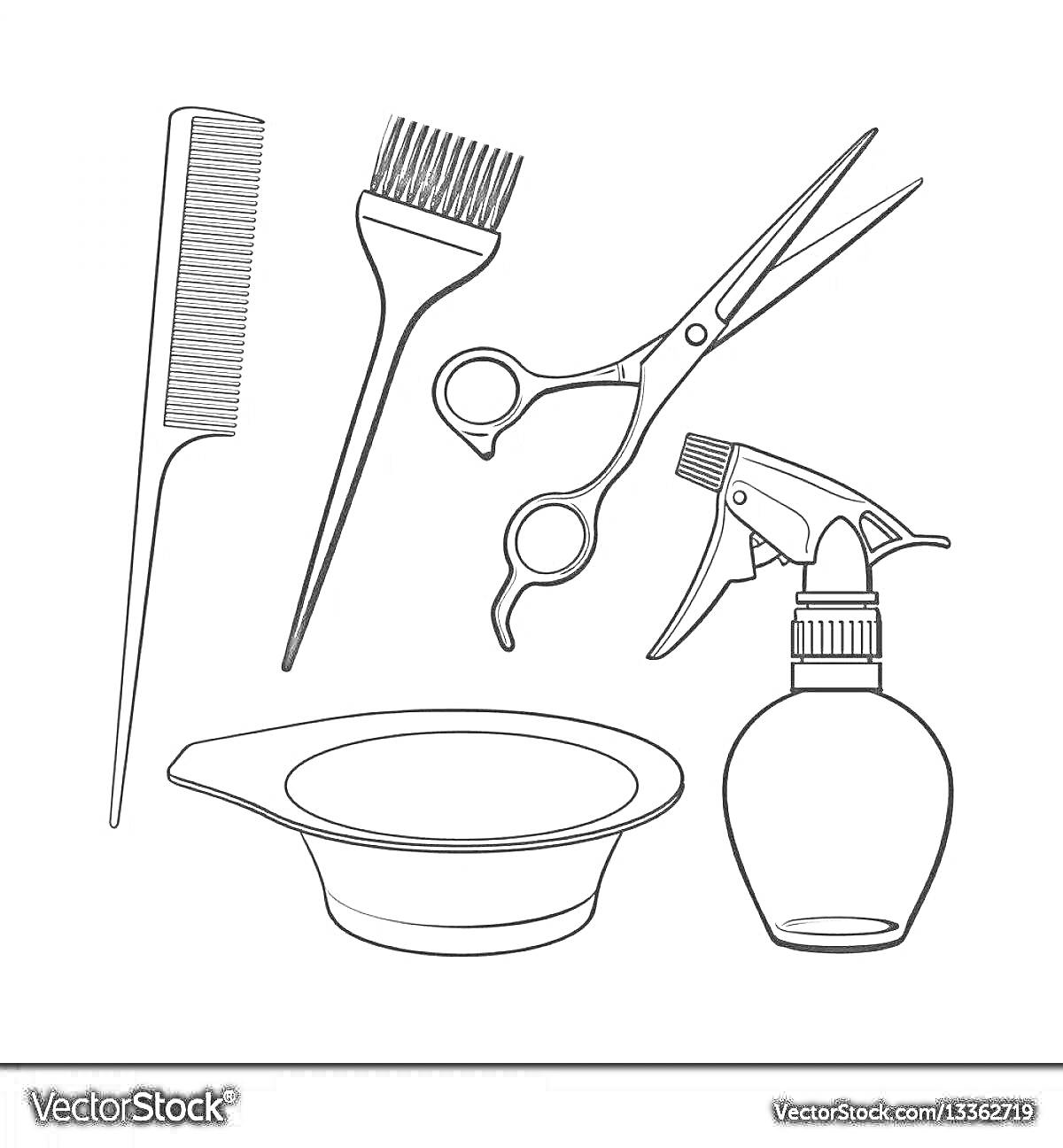 На раскраске изображено: Гребень, Ножницы, Распылитель, Миска, Парикмахер, Парикмахерская
