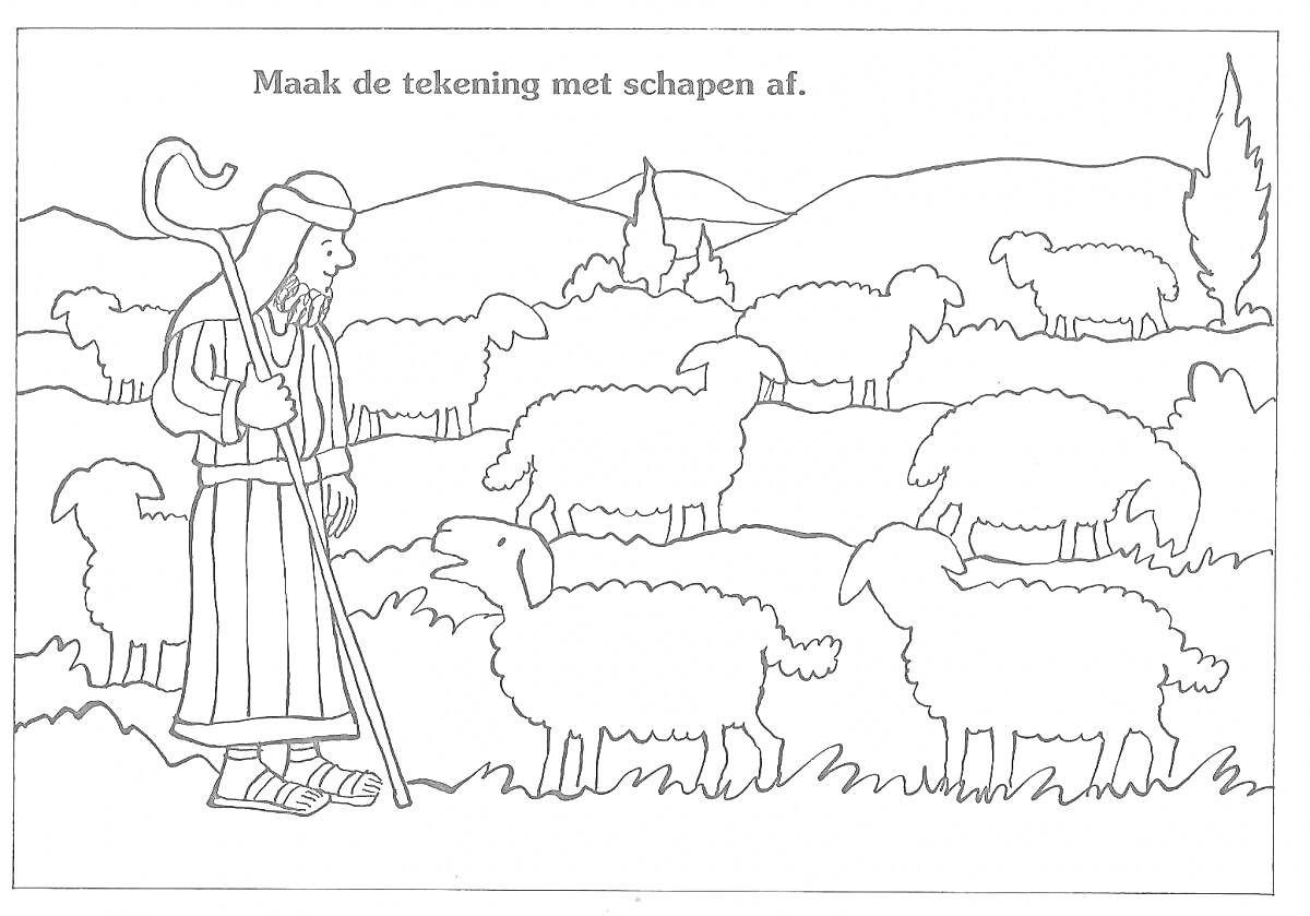 Раскраска Пастух с посохом и овцы на лугу с деревьями и горами на заднем плане