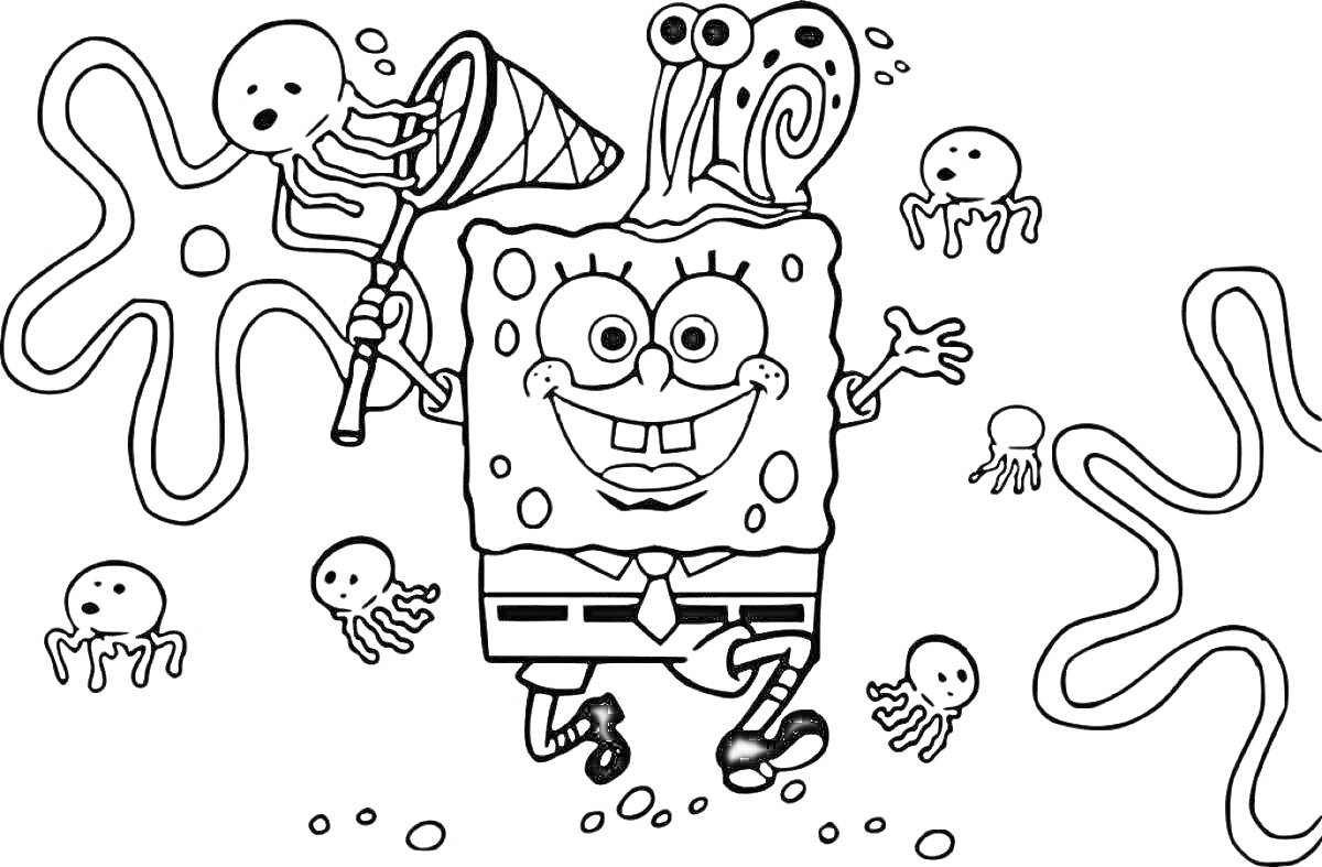На раскраске изображено: Губка Боб, Сачок, Мультипликация, Подводный мир, Медуза