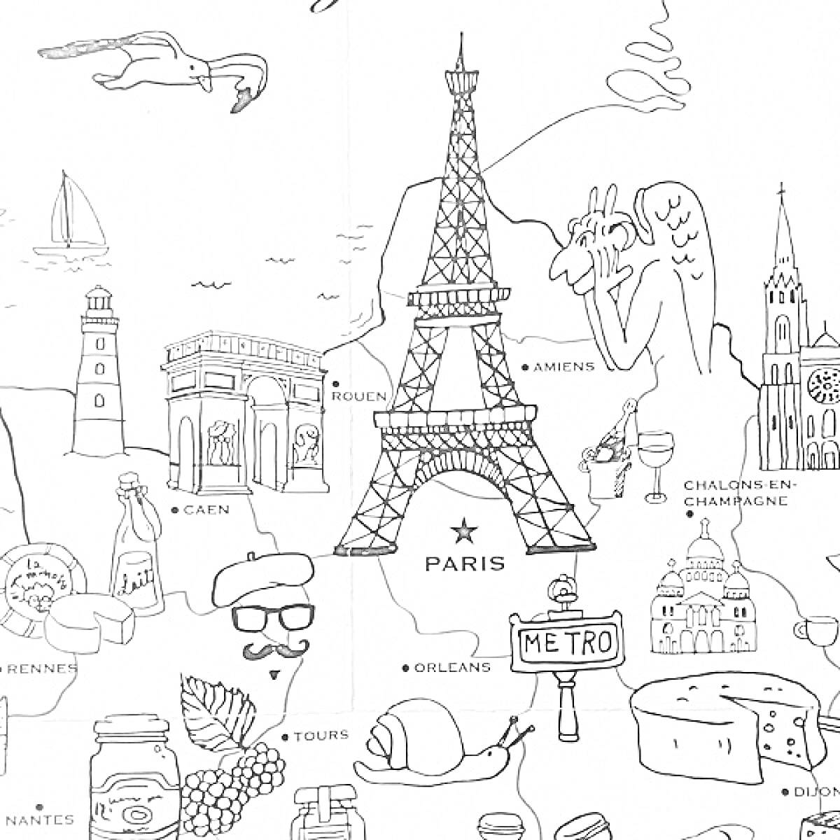 Раскраска Эйфелева башня с элементами Франции, такими как арка в Триумфе, Бернард Вердье, метро, багет, сыр, круассан, виноград на фоне достопримечательностей Франции