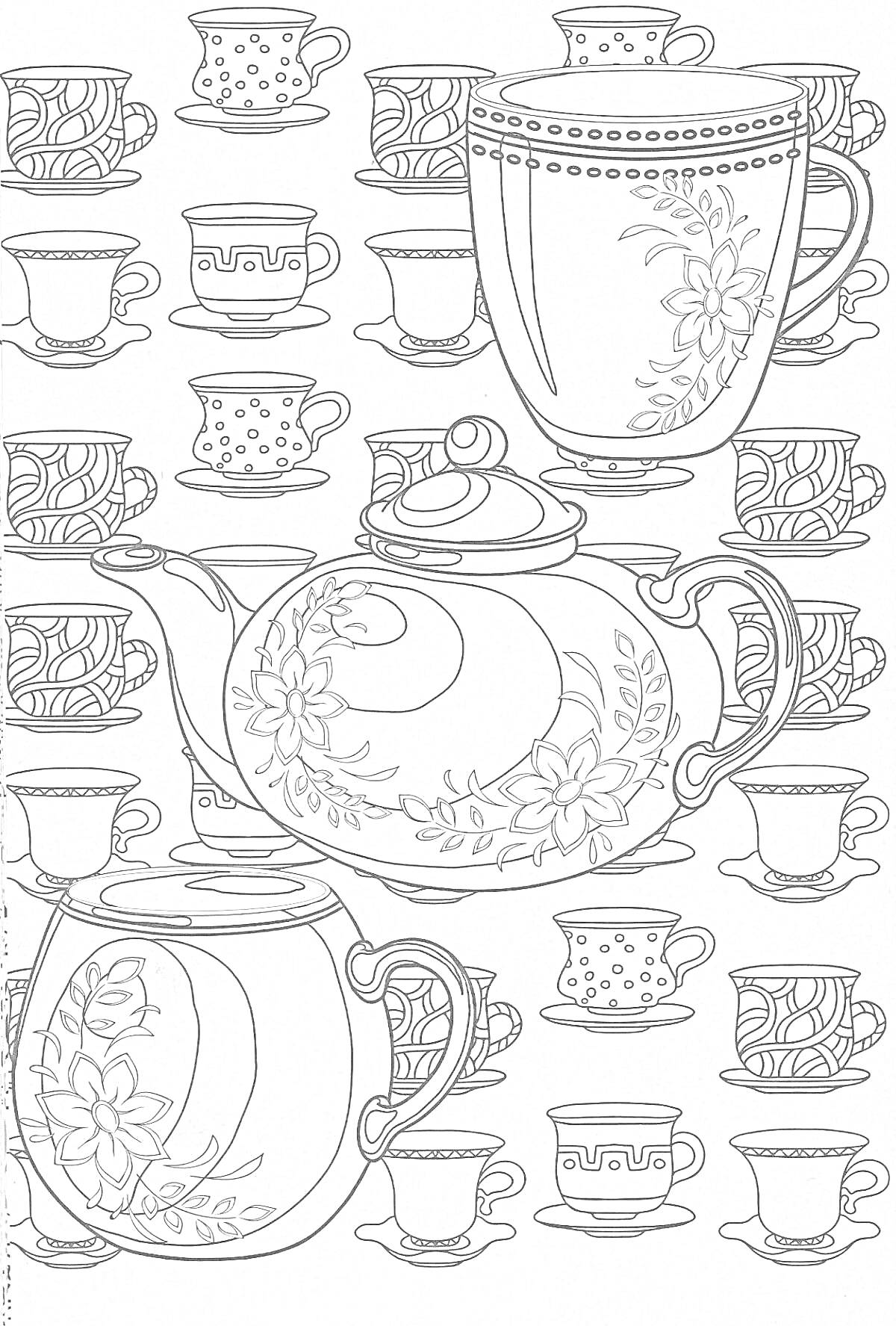 Раскраска Чайный сервиз с чашками, чайниками и цветочным орнаментом