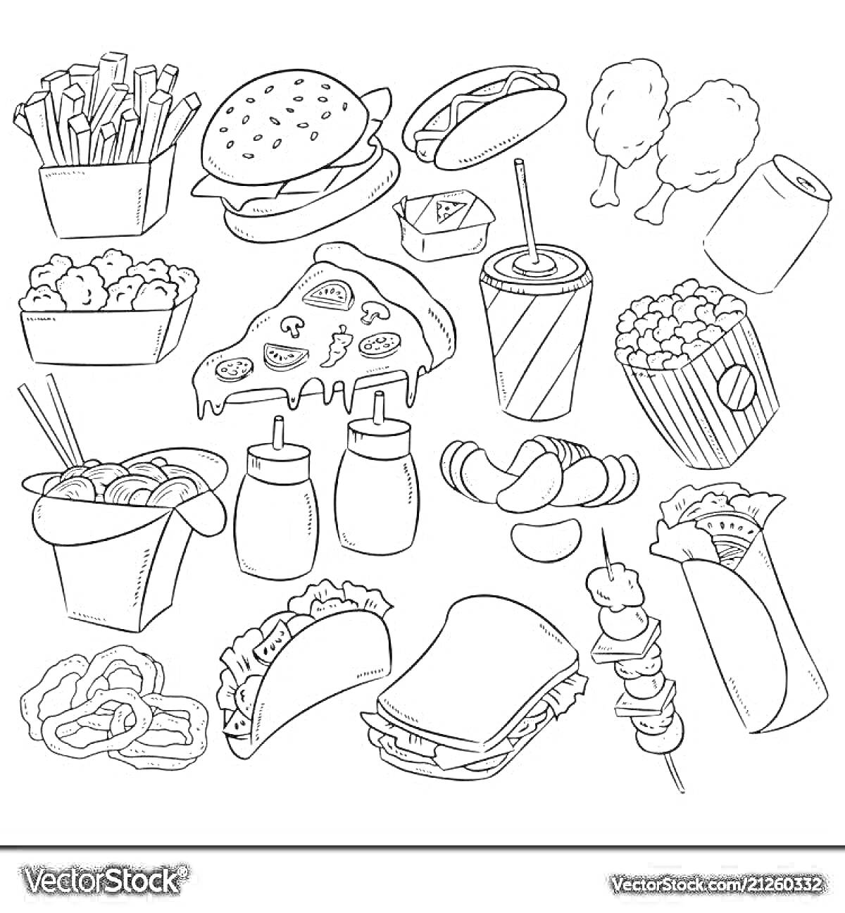 Раскраска Разнообразная еда: картофель фри, бургер, суши, куриные ножки, наггетсы, пицца, напиток в стакане с трубочкой, попкорн, лапша в коробке, бутылки соусом, чипсы, роллы, крендели, тако, сэндвич, шашлык, буррито