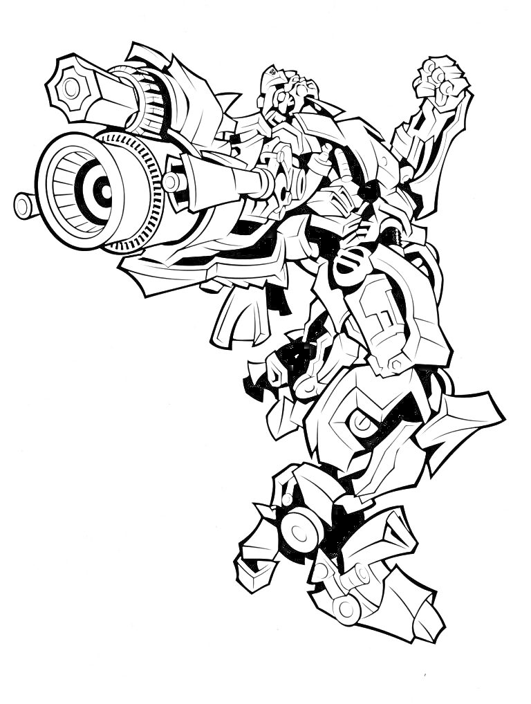На раскраске изображено: Бамблби, Робот, Оружие, Активность, Движение, Динамика, Трансформеры