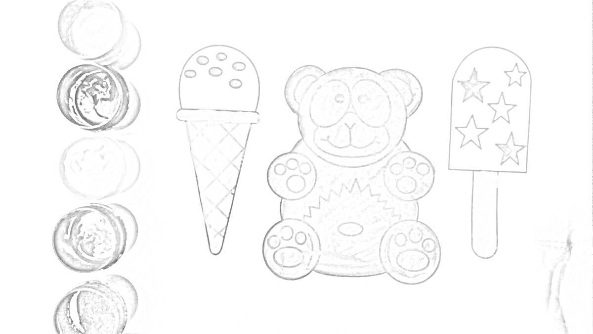 Раскраска Валера желейный медведь, мороженое в вафельном рожке, эскимо с красными звездами