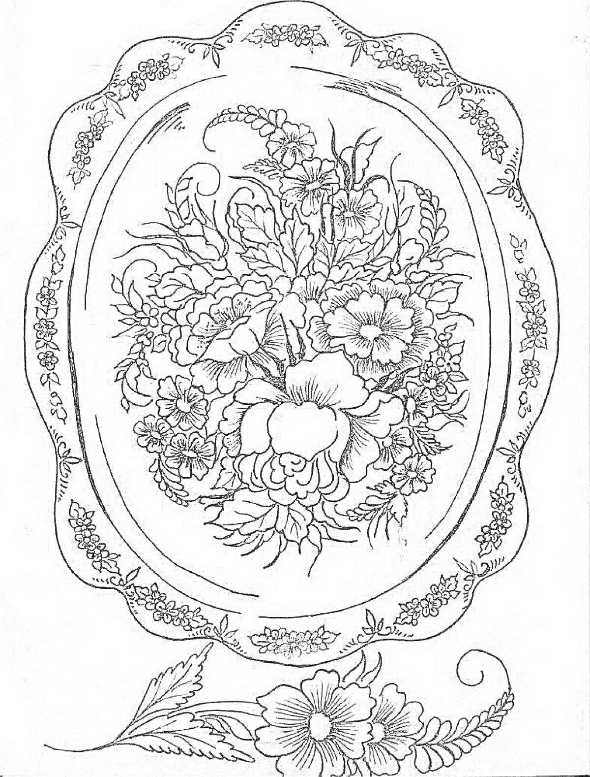 Раскраска поднос с жостовской росписью с изображением массива цветов и листьев
