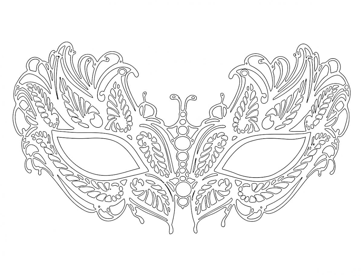 На раскраске изображено: Новогодняя маска, Декор, Узоры, Листья, Завитки, Карнавальная маска