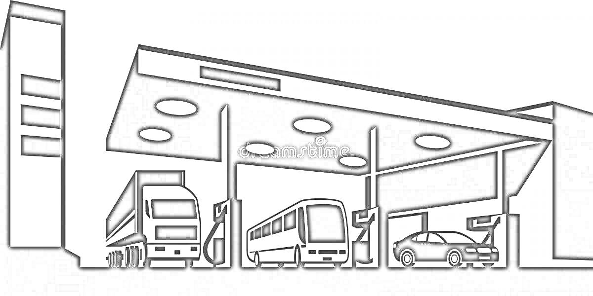 Раскраска Заправочная станция с грузовиком, автобусом и легковым автомобилем