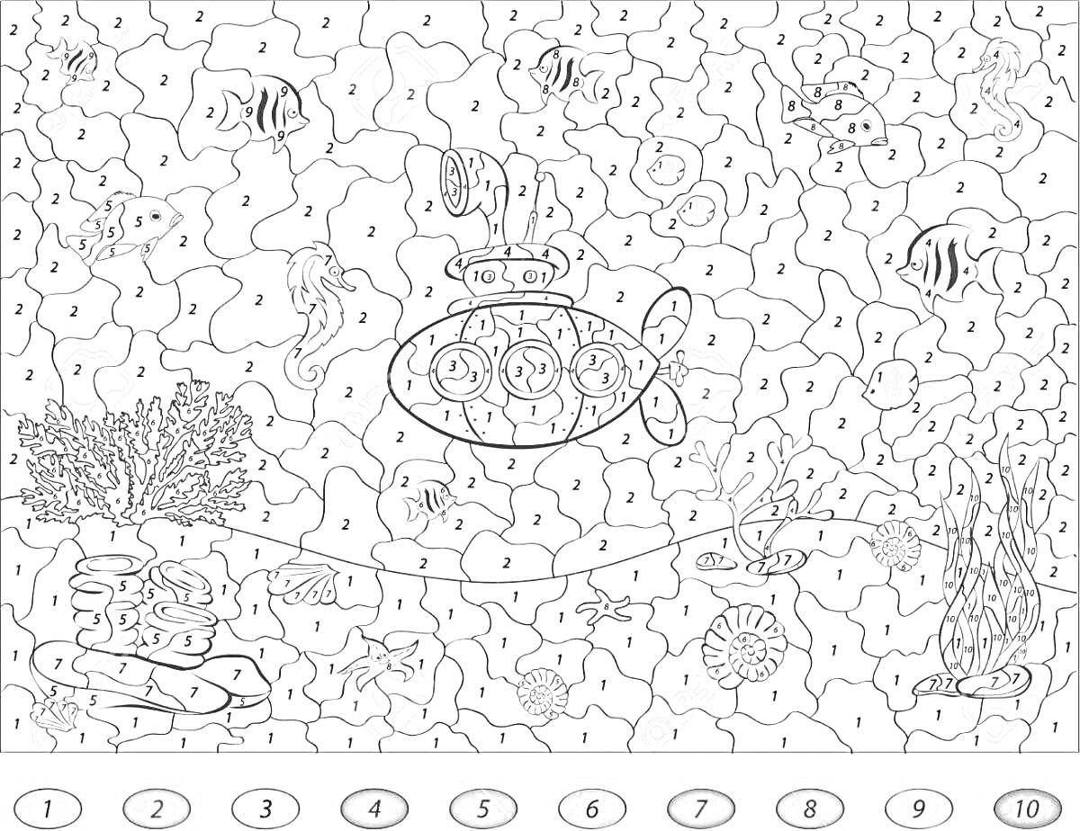 Раскраска по номерам с изображением подводной сцены: подводная лодка, рыбы, водные растения, кораллы, морская звезда, морской конёк, медуза, подводные камни