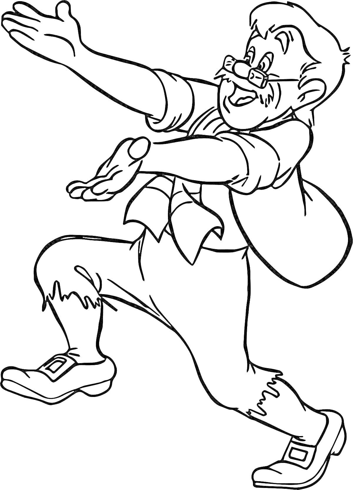 Раскраска Старик с усами и бородой в очках с вытянутыми руками, в пиджаке, порванных брюках и ботинках, несущий мешок
