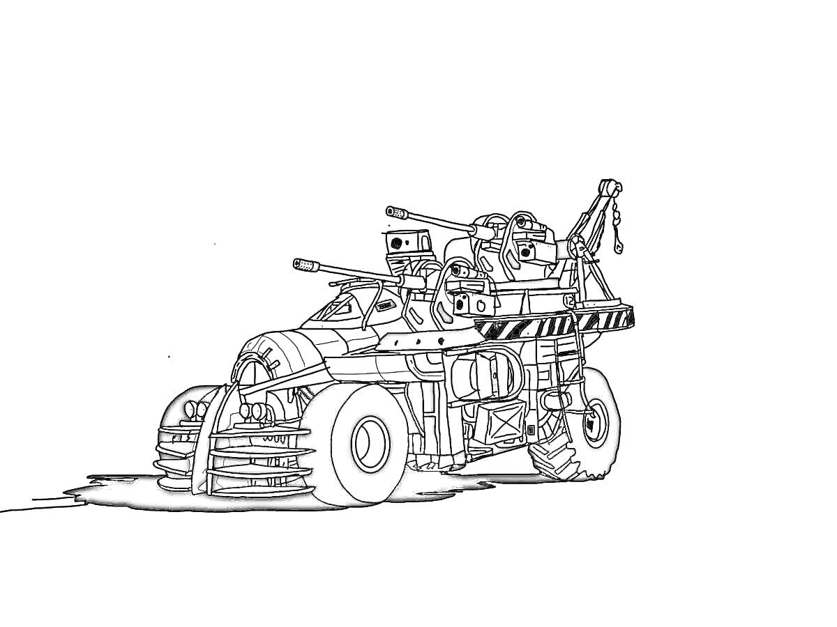 На раскраске изображено: Кроссаут, Боевая машина, Оружие, Бронированная машина, Шины, Апокалипсис, Пустыня, Военная техника