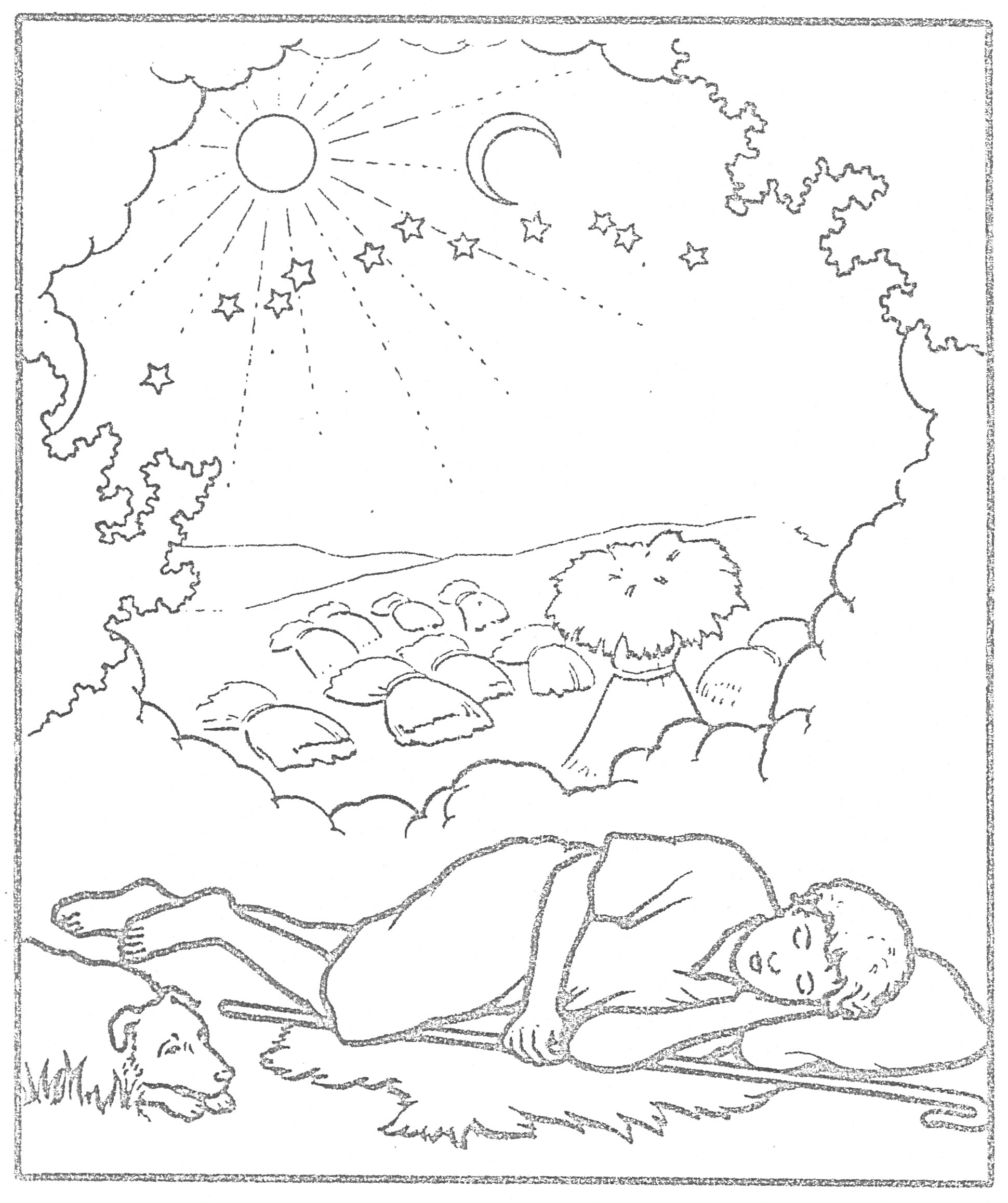 Раскраска Спящий человек, собака, овцы во сне, солнце и луна
