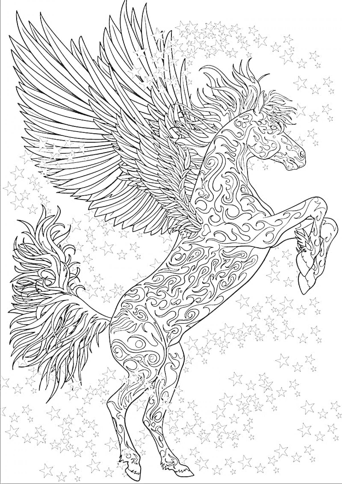 На раскраске изображено: Лошадь, Крылья, Узоры, Звезды, Фантазия, Линии