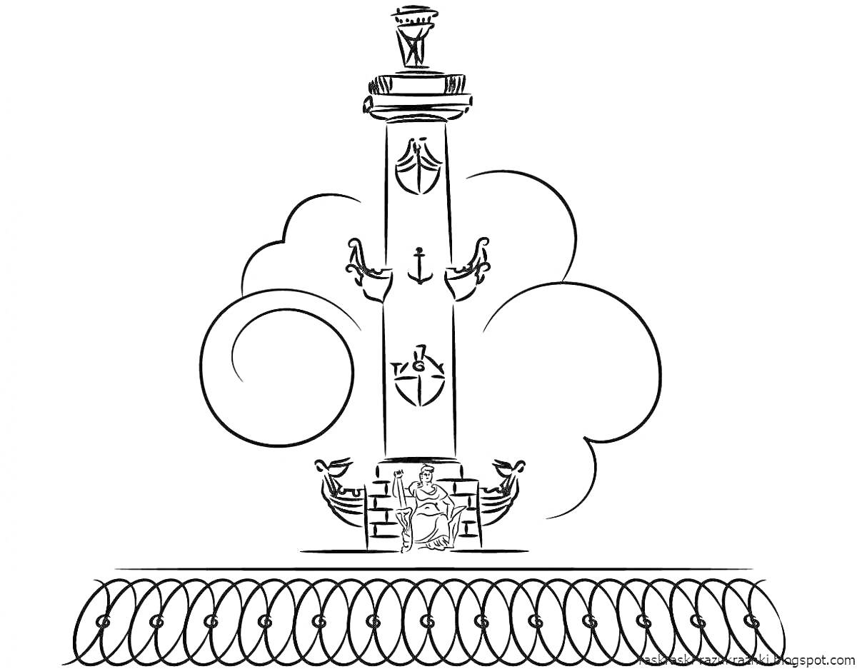 Раскраска Ростральная колонна со скульптурами и деталями