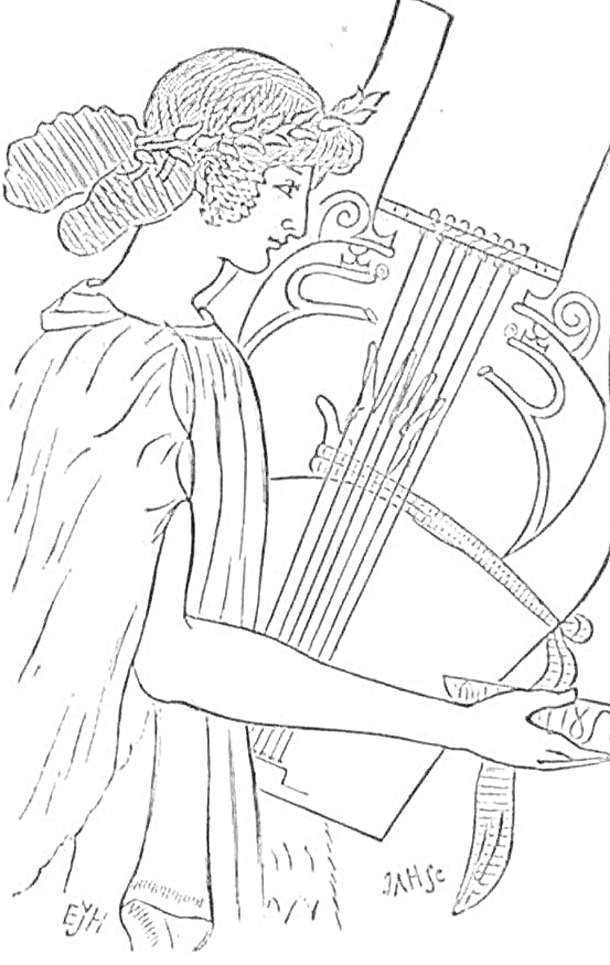 На раскраске изображено: Античность, Музыка, Мифология, Лавровый венок, Древняя Греция