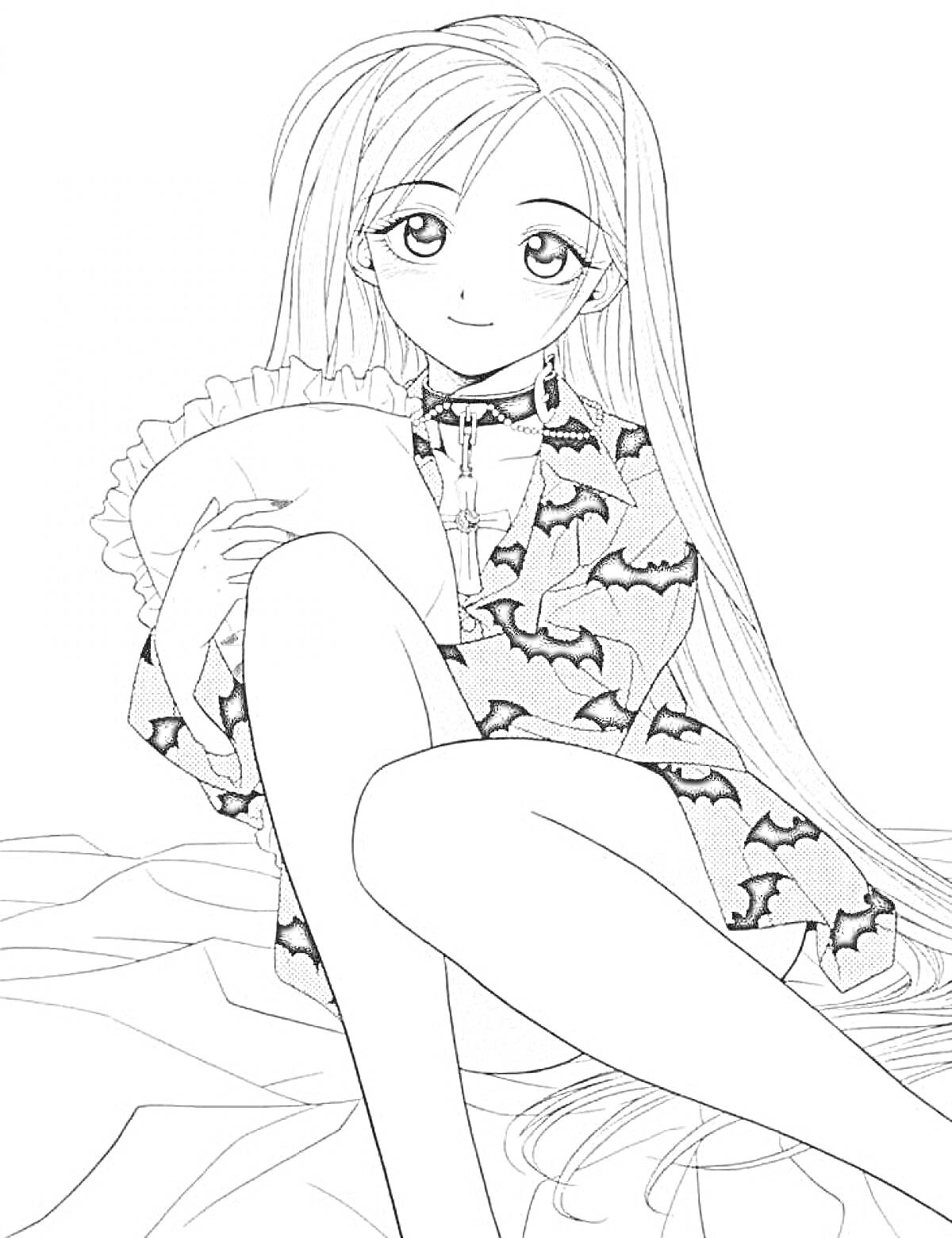 Раскраска Аниме девушка с длинными волосами в костюме с рисунками летучих мышей, сидящая на кровати с подушкой