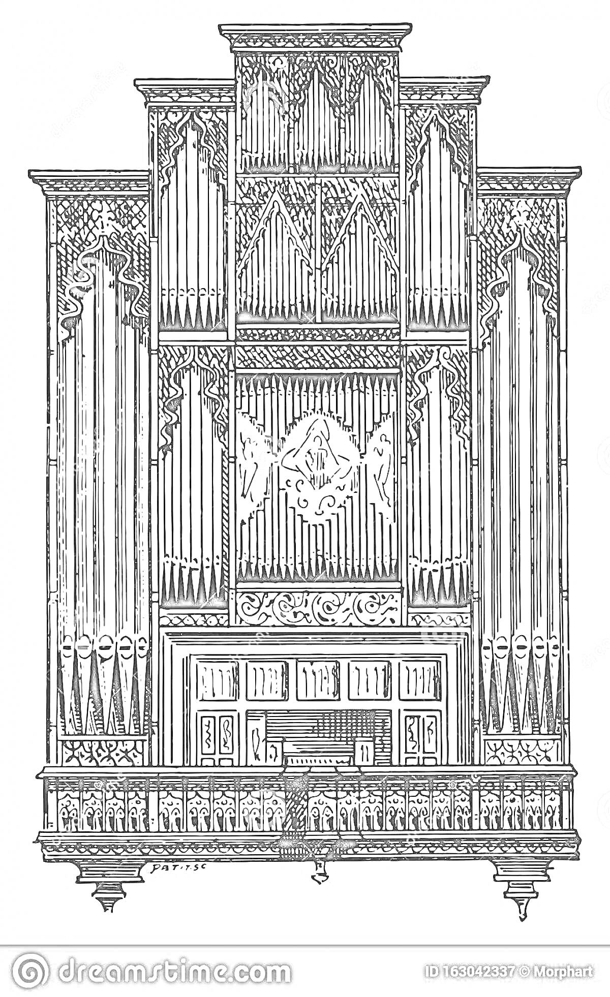 Раскраска Орган с декоративными трубами и резным орнаментом.