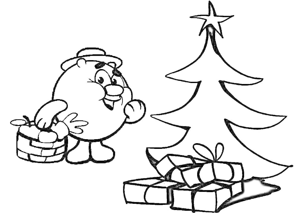 На раскраске изображено: Смешарики, Новогодняя ёлка, Подарки, Праздник, Новый год, Зима