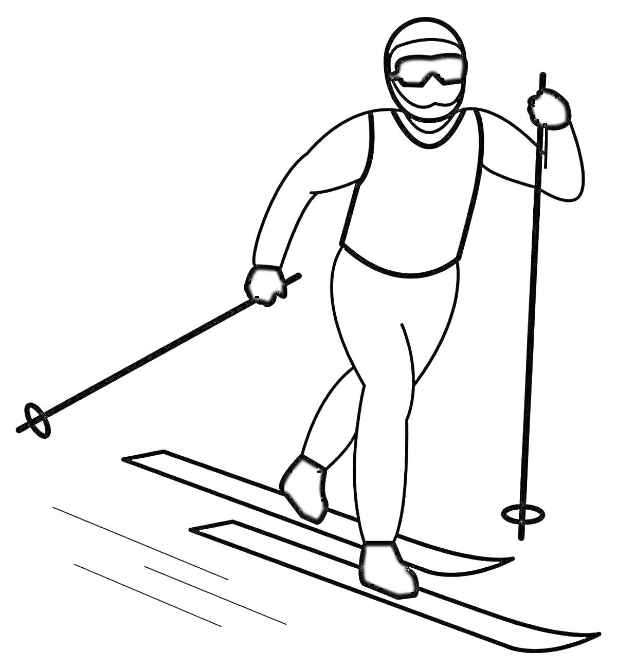 На раскраске изображено: Лыжи, Лыжник, Маска, Очки, Палки, Снег, Зима, Спорт, Горные лыжи
