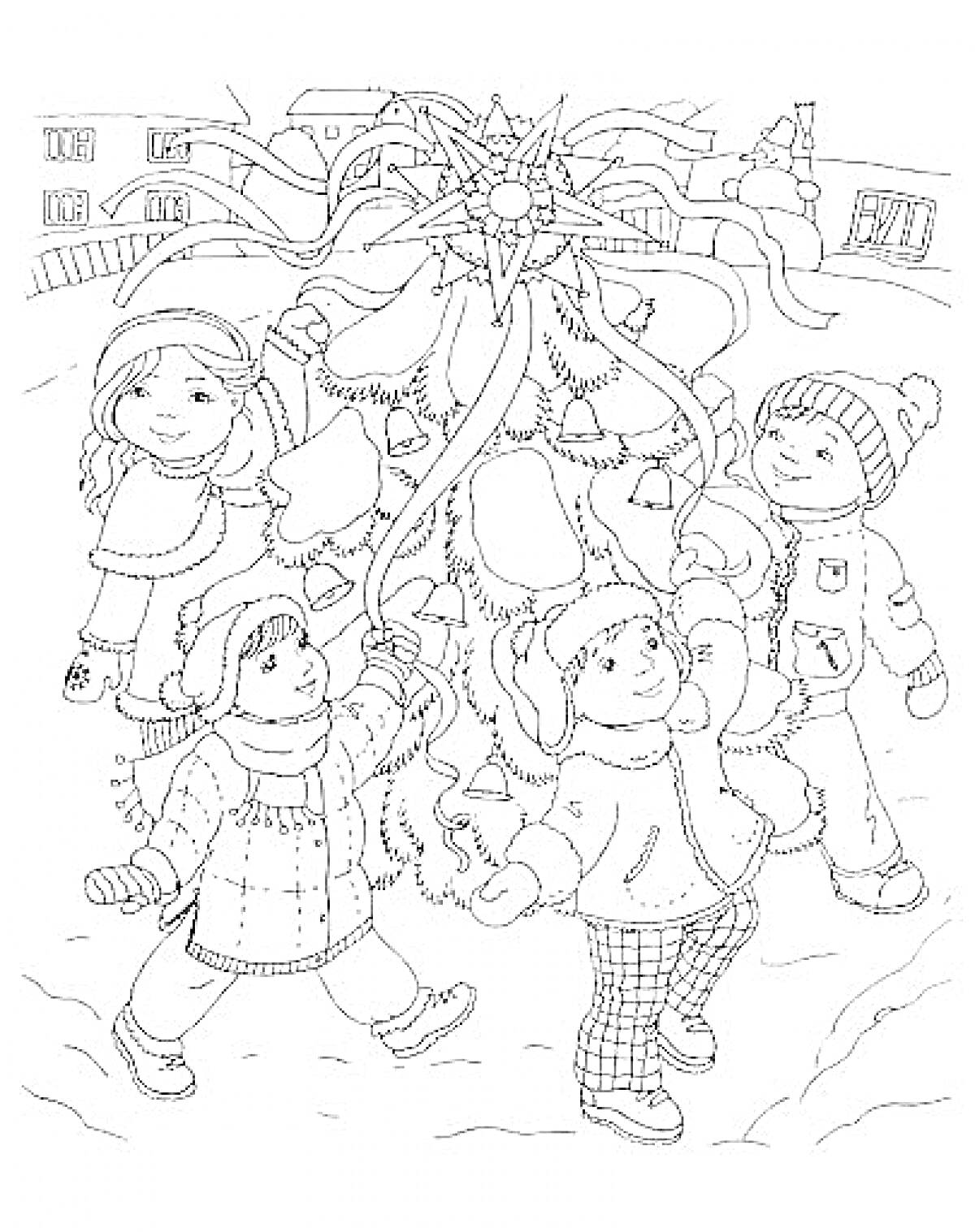 На раскраске изображено: Рождественская звезда, Украшения, Зима, Городской пейзаж, Для детей, Елки