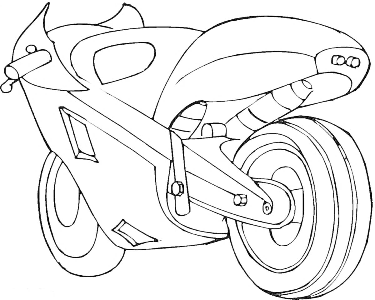 На раскраске изображено: Мотоцикл, Транспорт, Для мальчиков, 6 лет, 7 лет, Колеса, Корпус, Фары