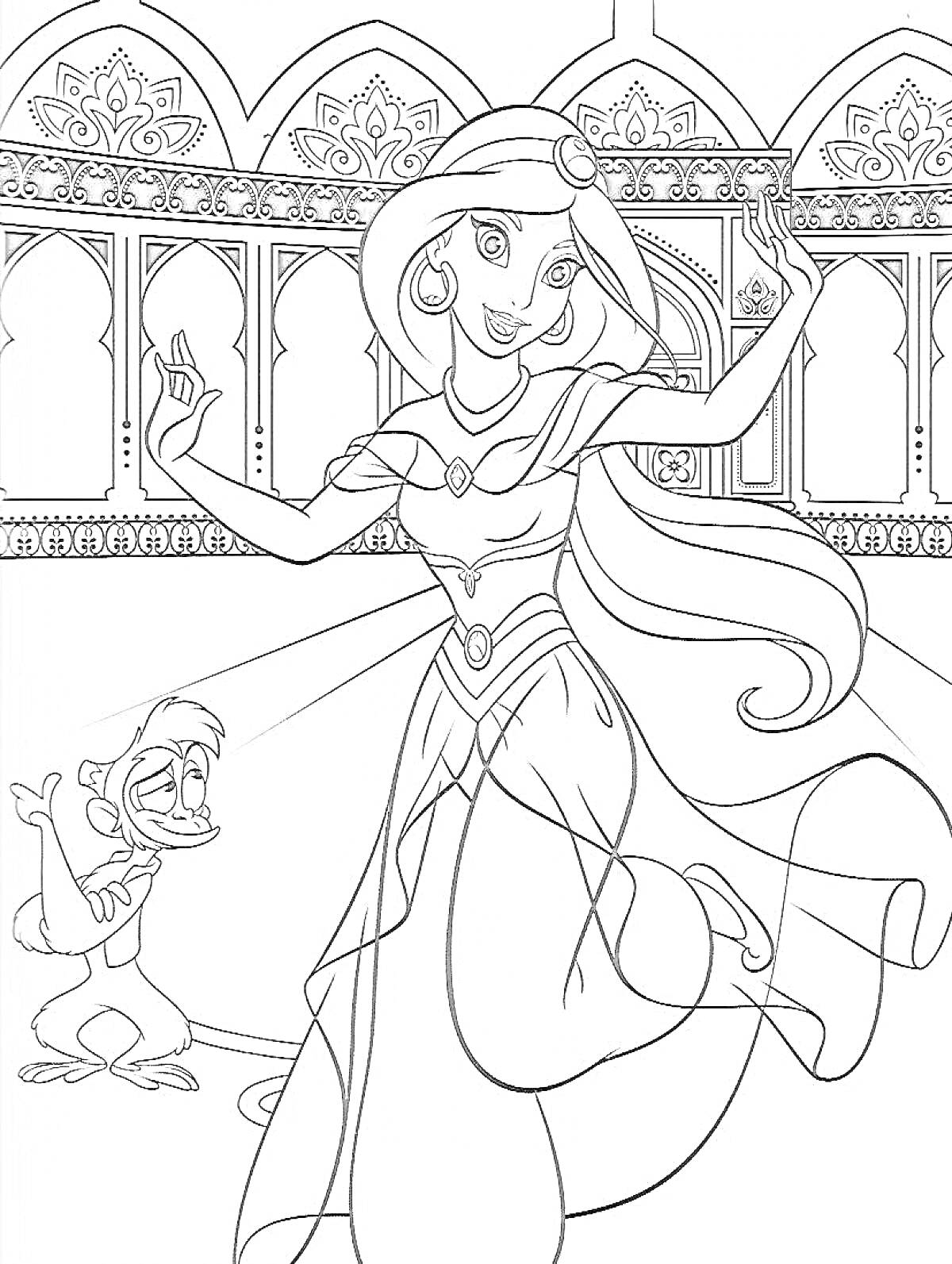 На раскраске изображено: Принцесса, Дворец, Из сказок, Танец, Обезьяны