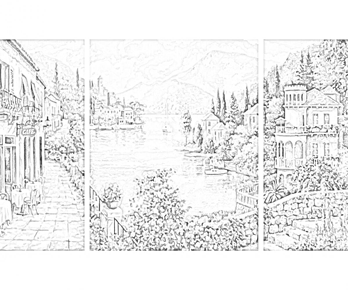 Раскраска Городской пейзаж с кафе на набережной, лодками на озере и домами на холмах
