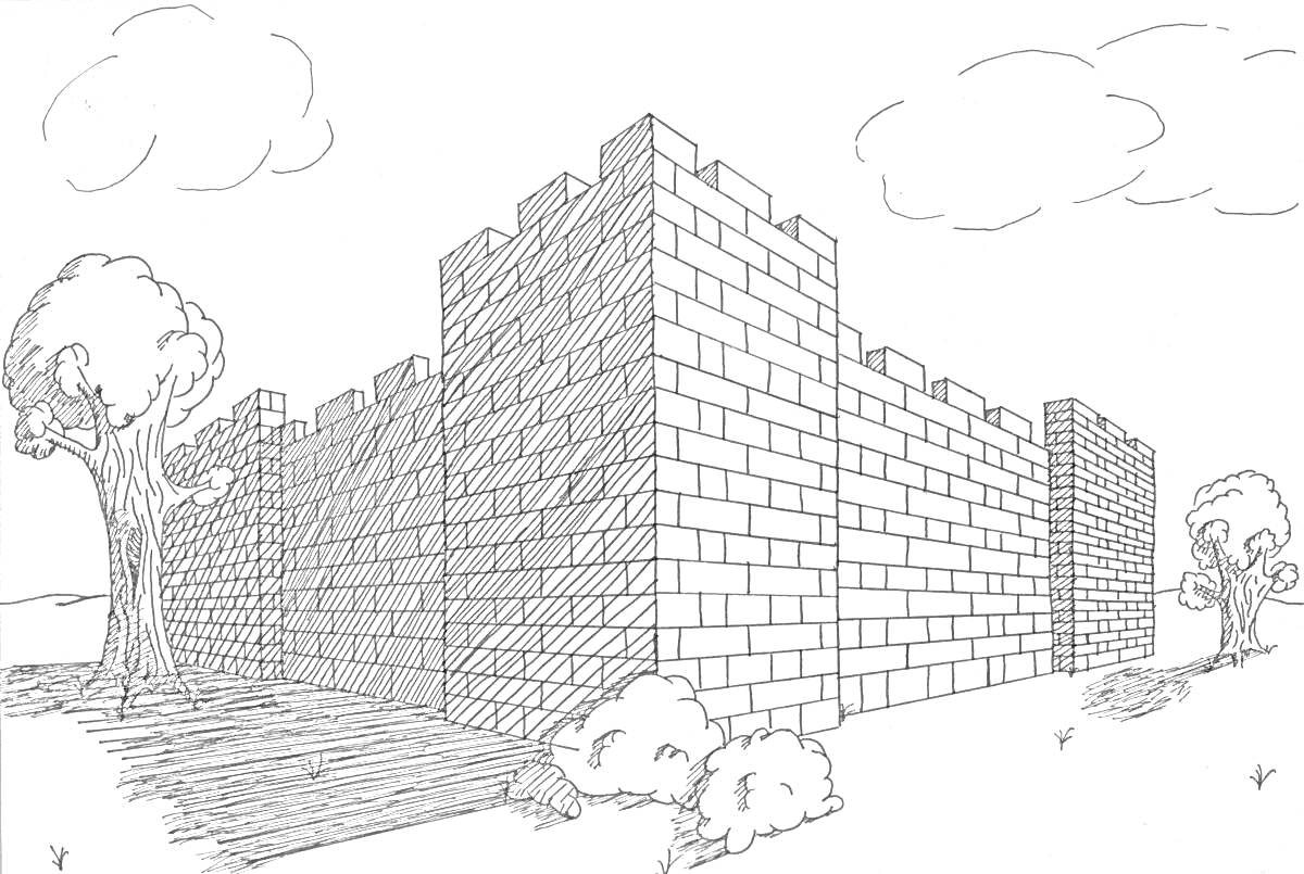 На раскраске изображено: Здание, Стена, Облака, Природа, Кирпичи