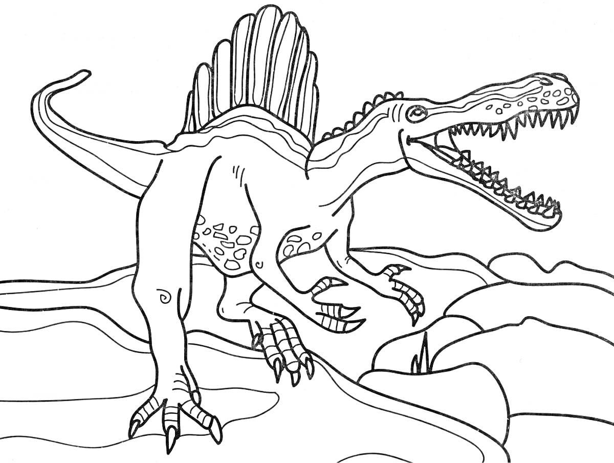 На раскраске изображено: Динозавр, Гребень, Пасть, Зубы, Скалы, Природа