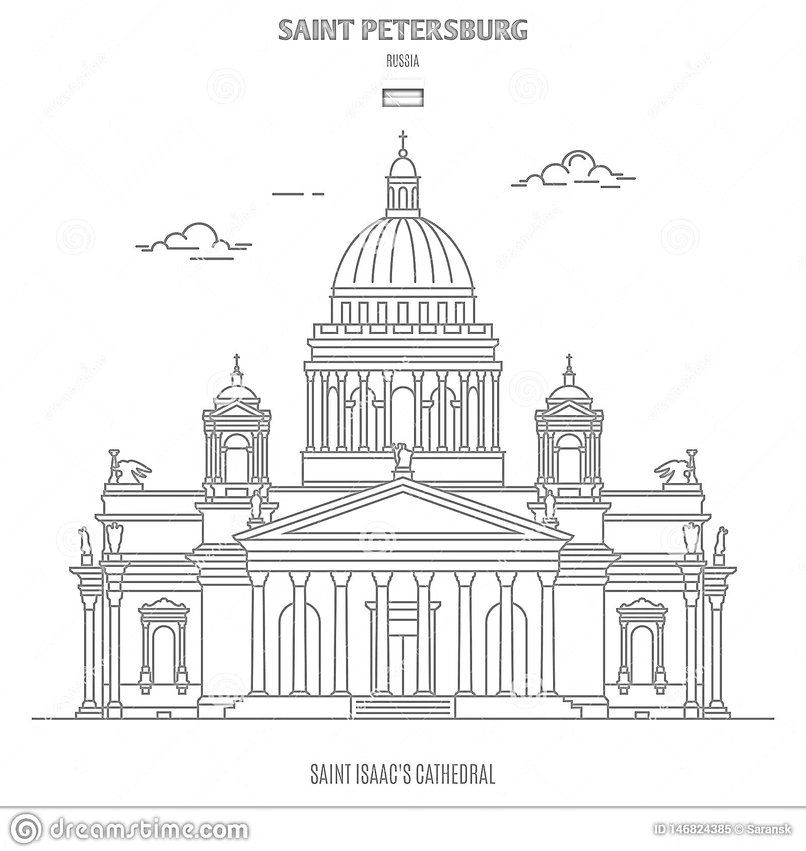 Раскраска Исаакиевский собор в Санкт-Петербурге с элементами фасада и купола, облака на фоне