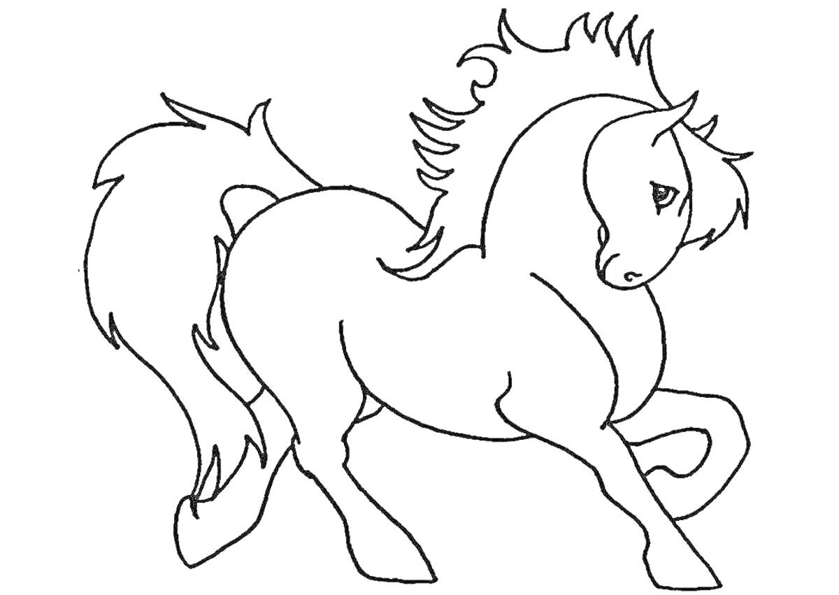 На раскраске изображено: Конь, Лошадь, Динамичная поза, Грива, Хвост, Иллюстрация, Контурные рисунки